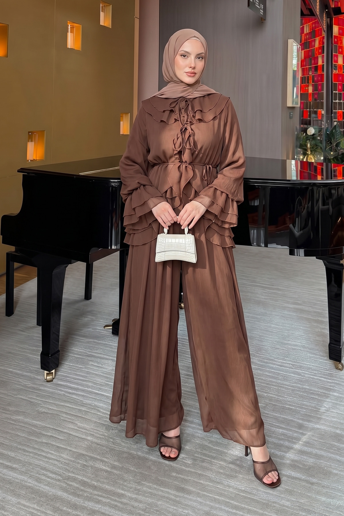 Fırfırlı Premium Şifon Takım 266031 - TABA |  