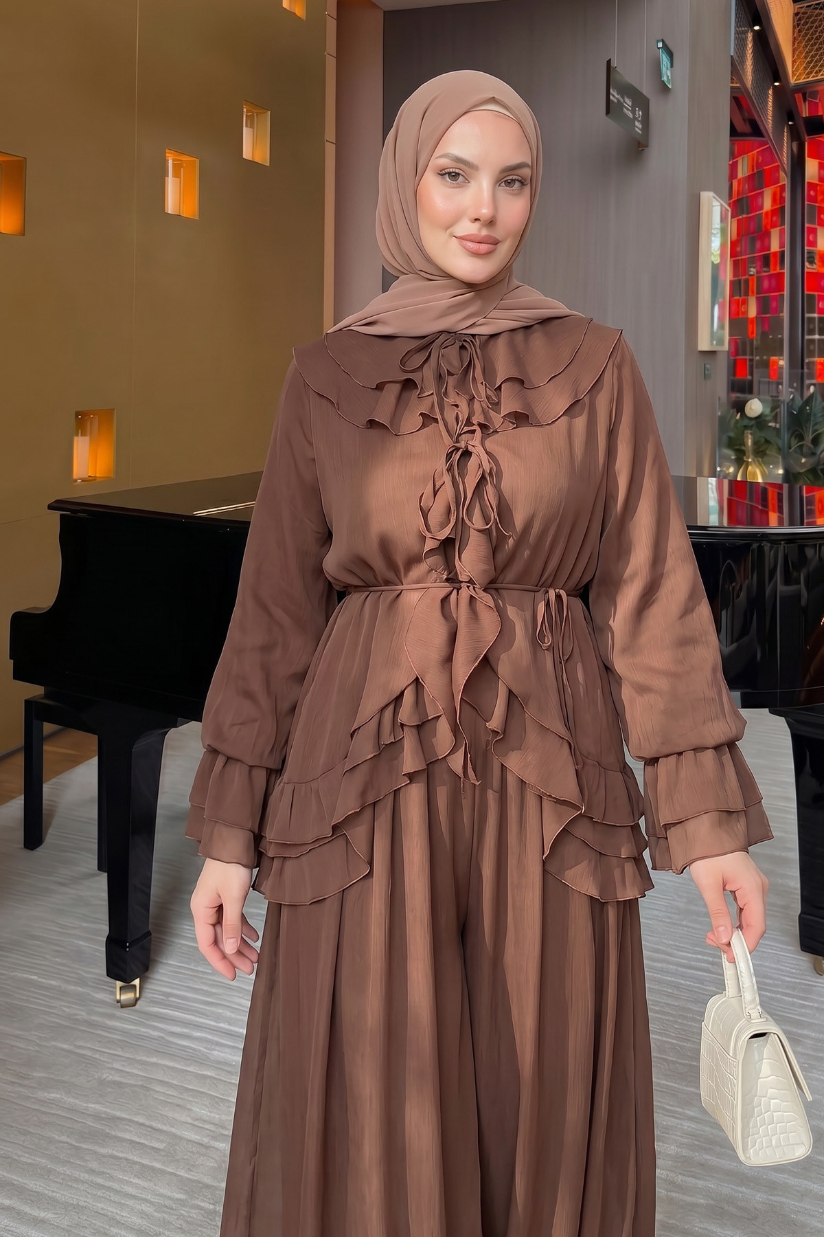 Fırfırlı Premium Şifon Takım 266031 - TABA |  