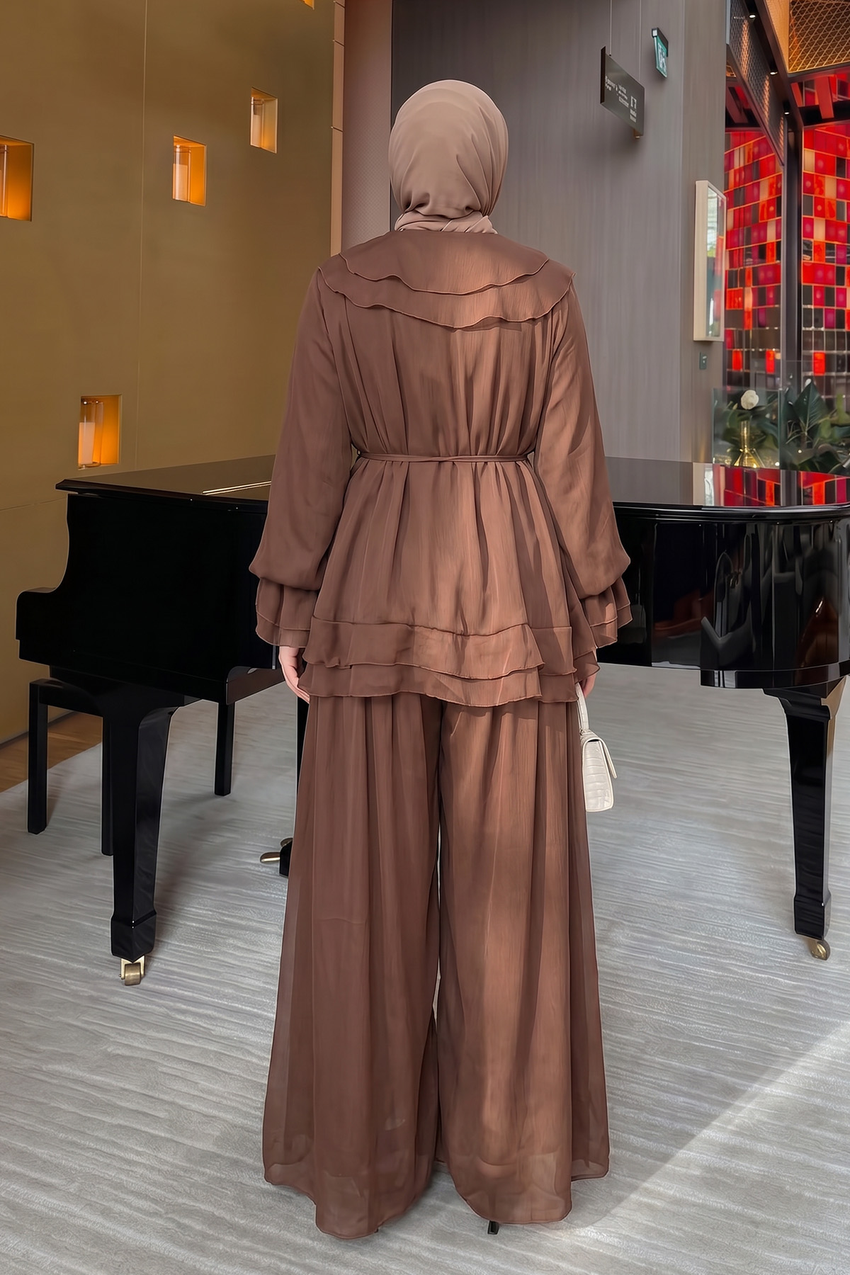 Fırfırlı Premium Şifon Takım 266031 - TABA |  