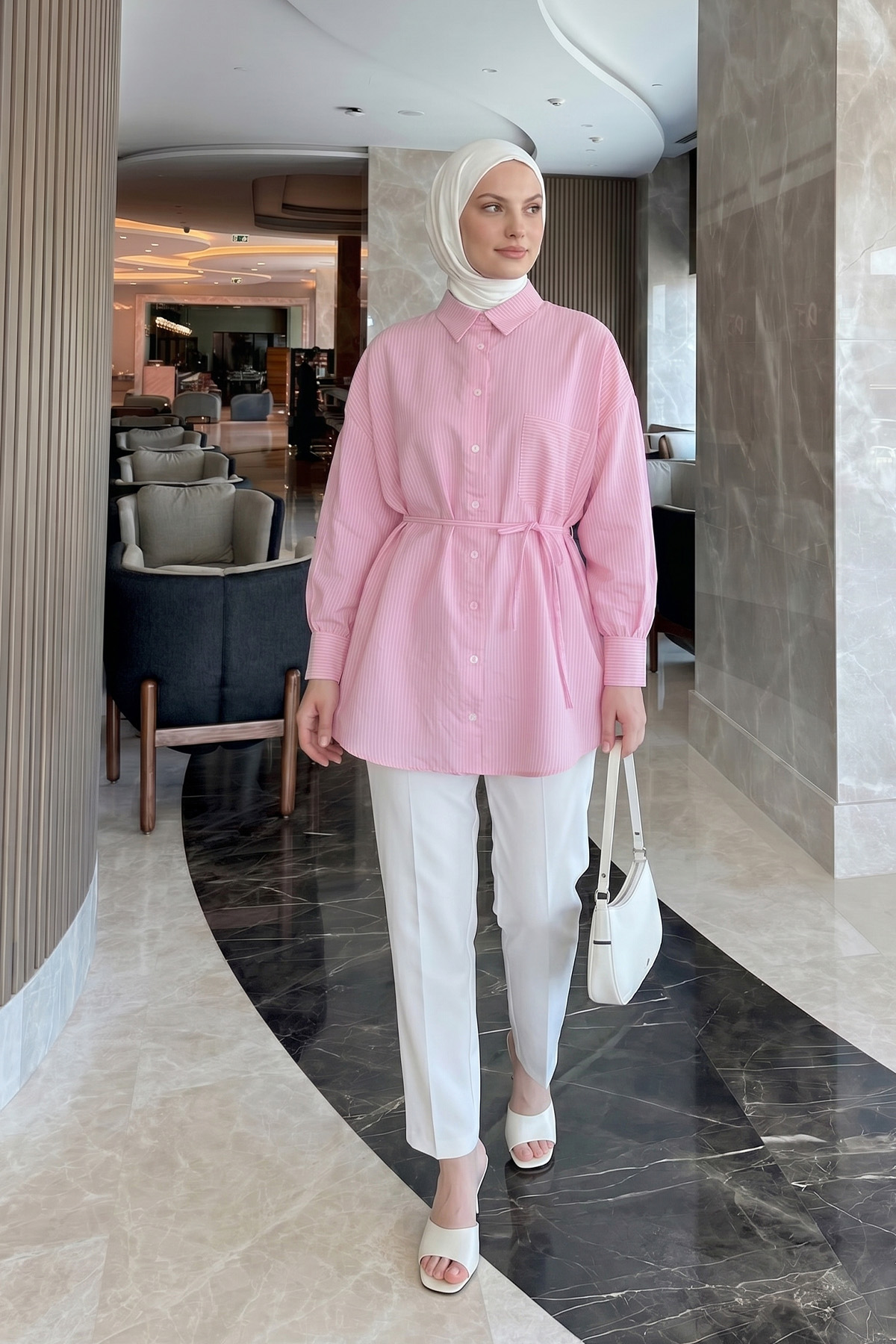 Modal Kumaş Çizgili Gömlek Y0139 - PEMBE |  