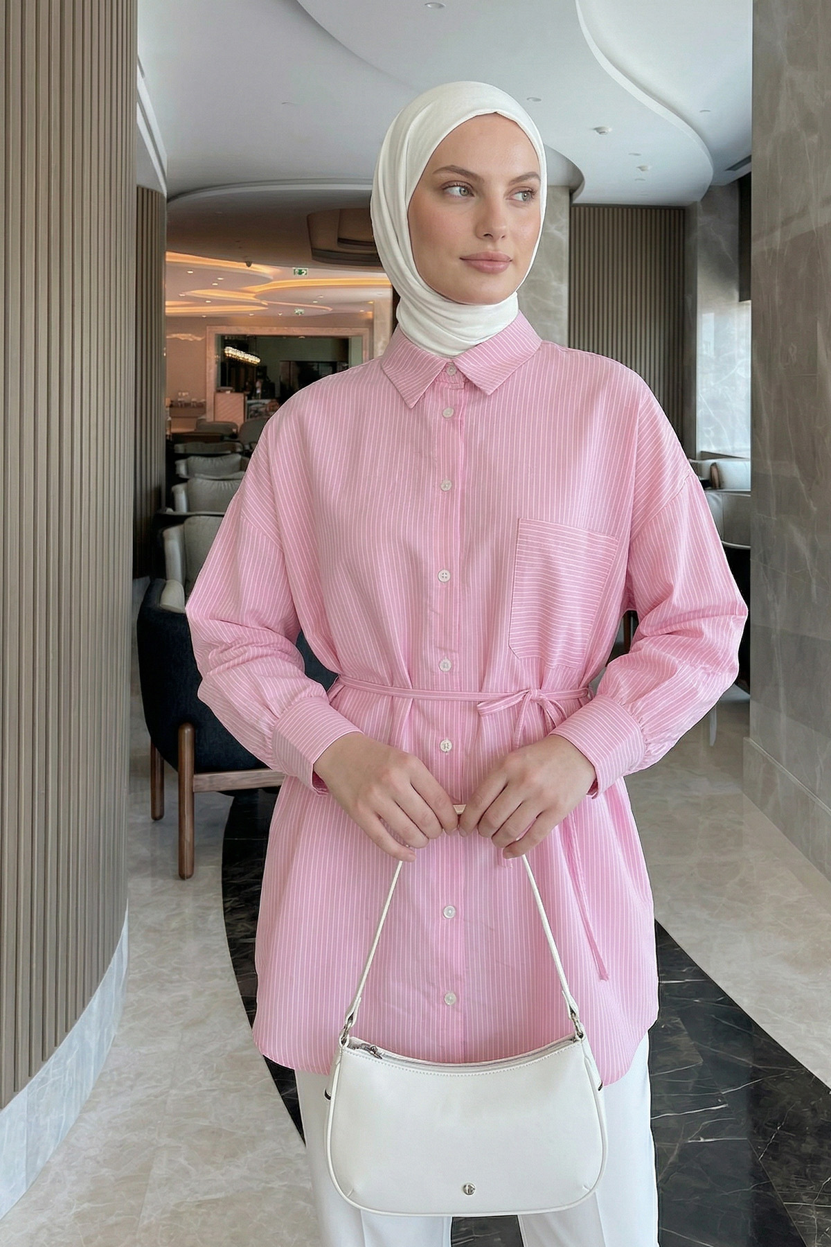 Modal Kumaş Çizgili Gömlek Y0139 - PEMBE |  