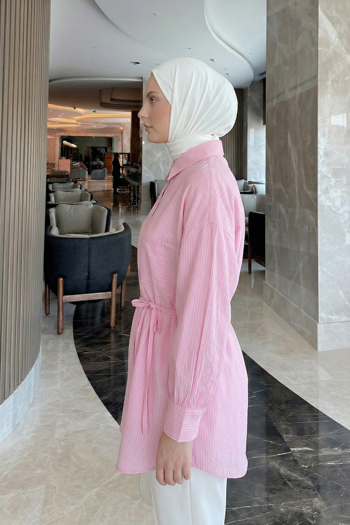 Modal Kumaş Çizgili Gömlek Y0139 - PEMBE |  