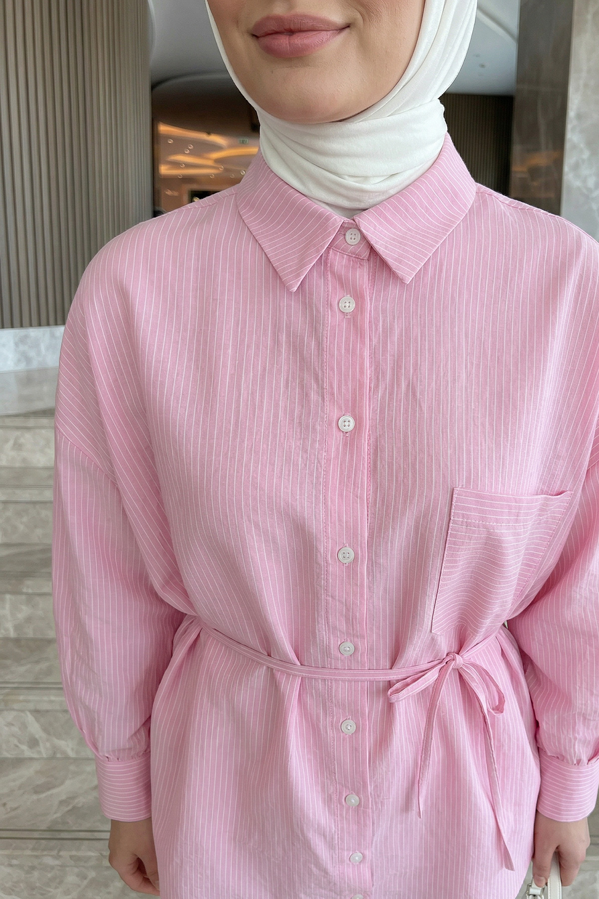 Modal Kumaş Çizgili Gömlek Y0139 - PEMBE |  