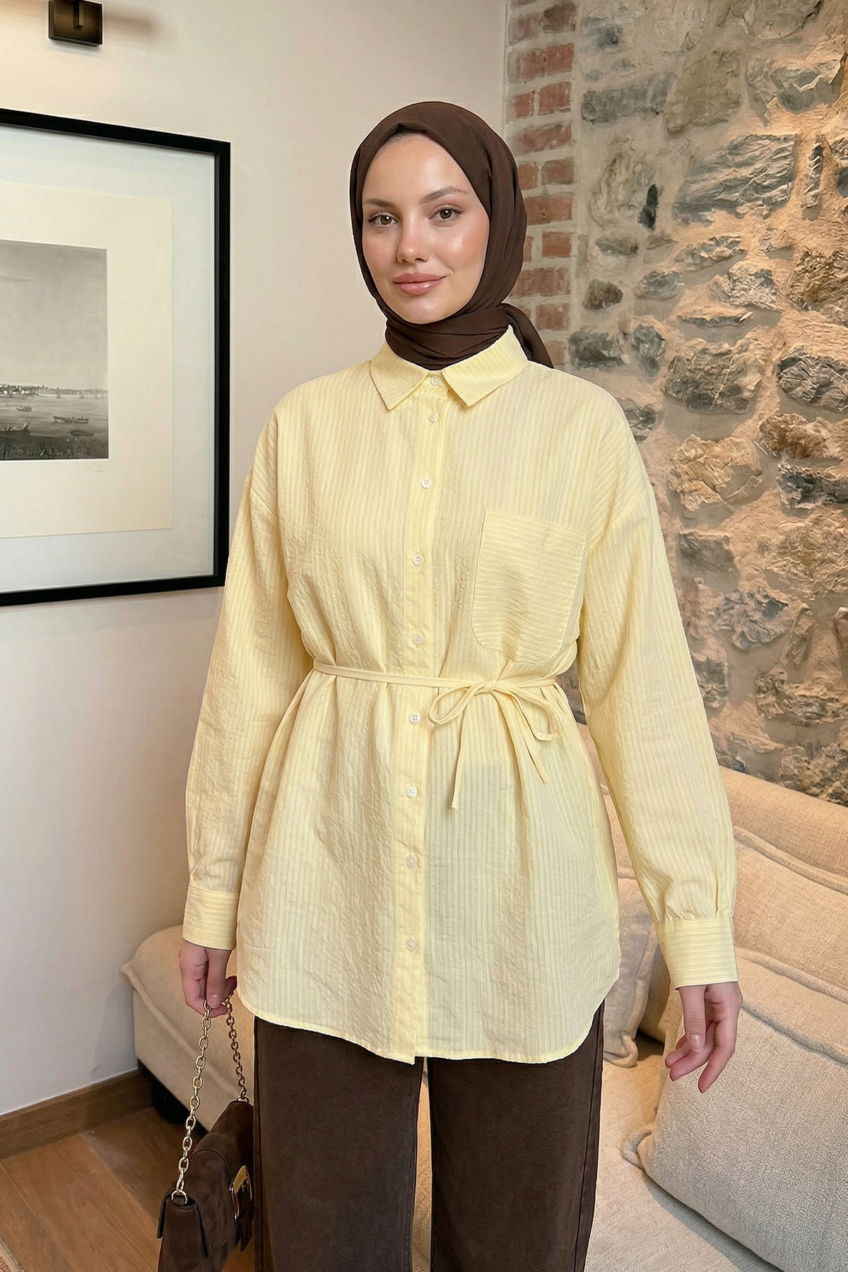 Modal Kumaş Çizgili Gömlek Y0139 - SARI |  