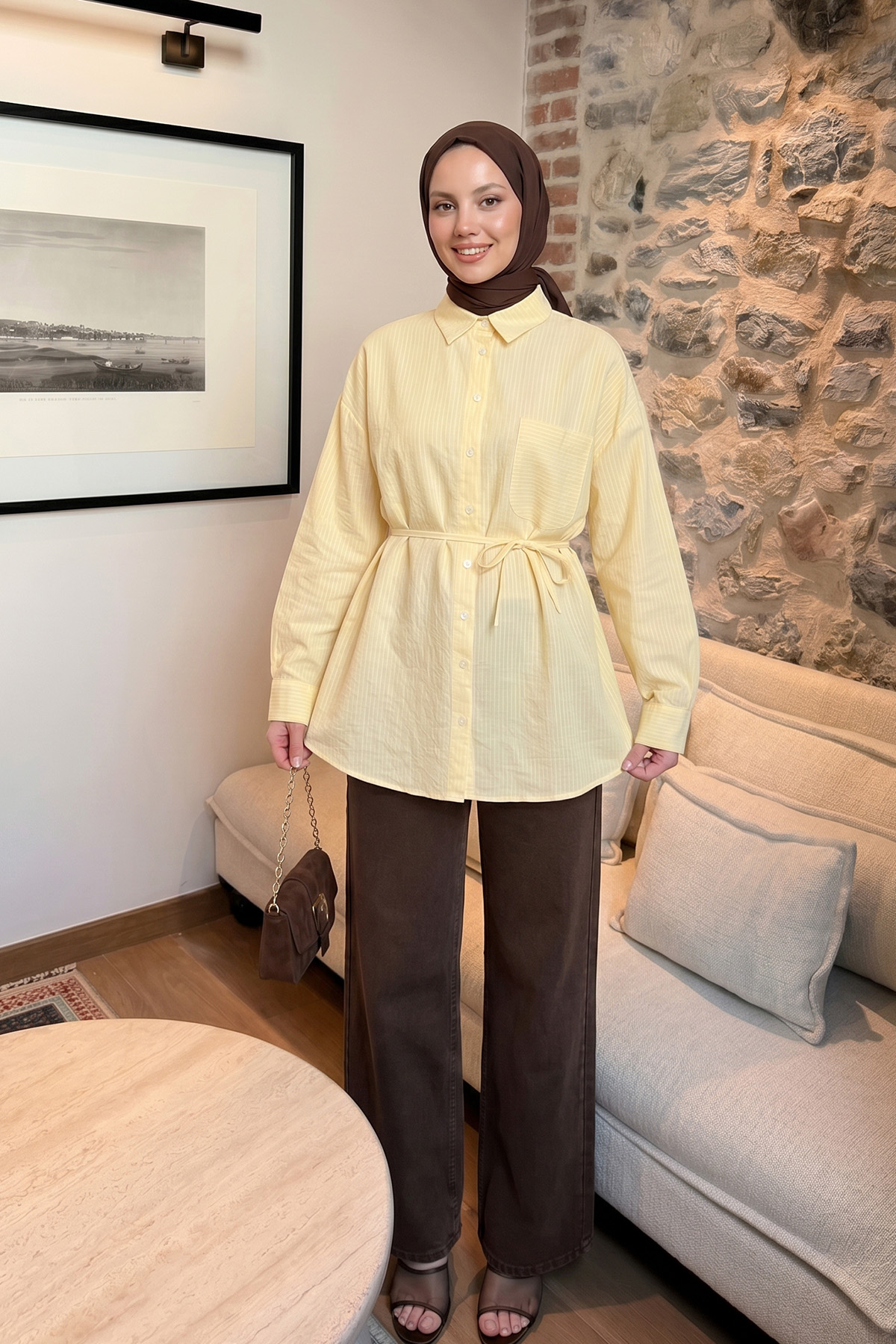 Modal Kumaş Çizgili Gömlek Y0139 - SARI |  