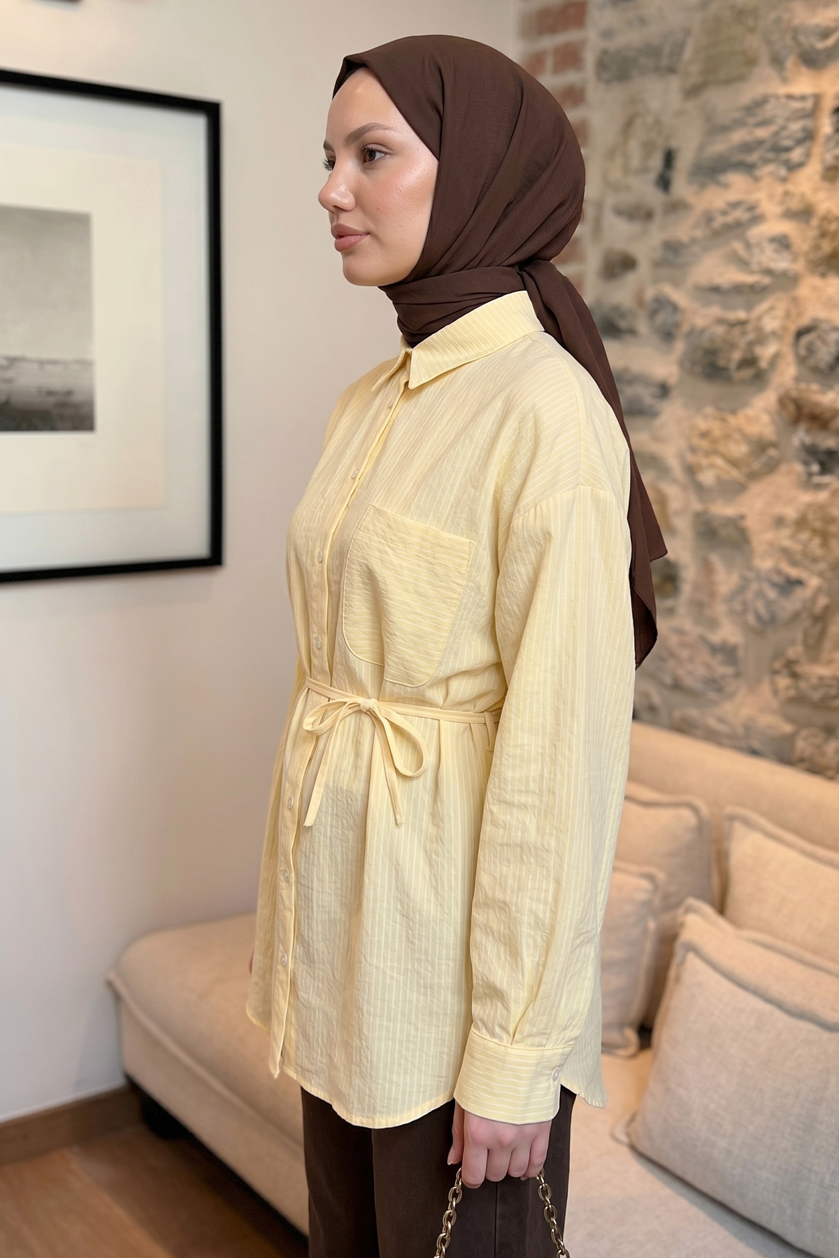 Modal Kumaş Çizgili Gömlek Y0139 - SARI |  