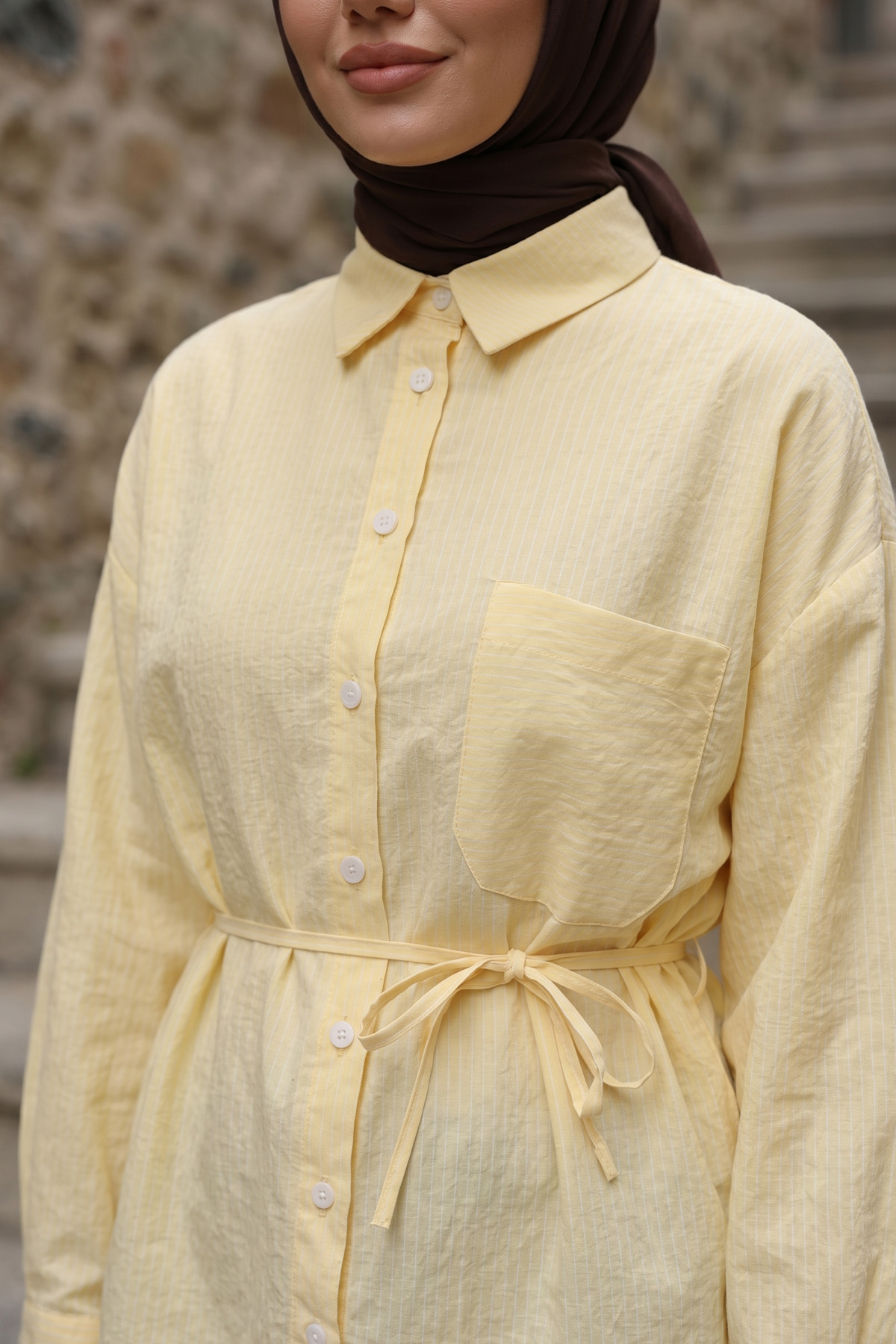 Modal Kumaş Çizgili Gömlek Y0139 - SARI |  