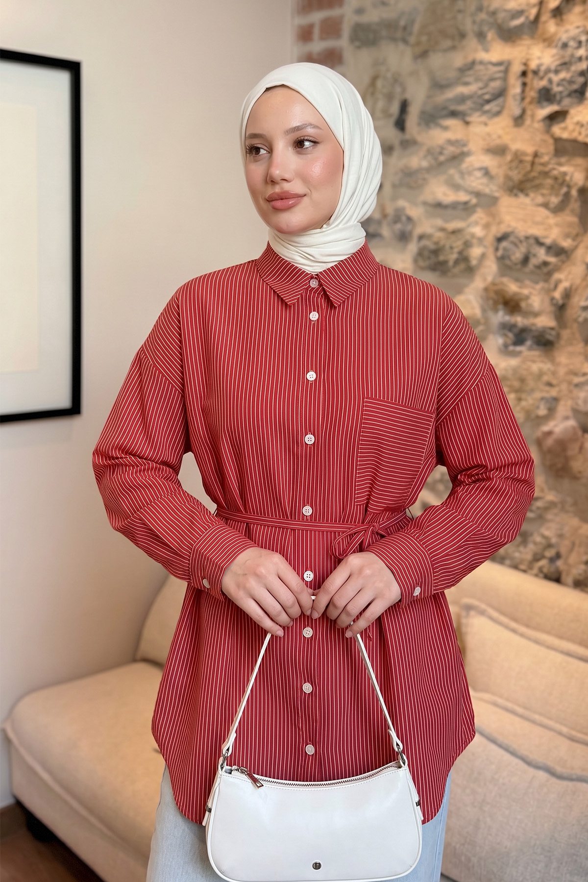 Modal Kumaş Çizgili Gömlek Y0139 - NAR ÇİÇEĞİ |  