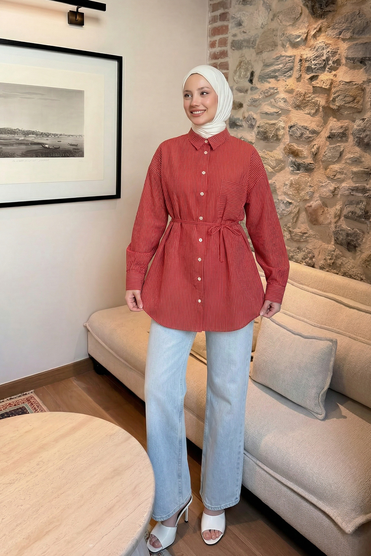 Modal Kumaş Çizgili Gömlek Y0139 - NAR ÇİÇEĞİ |  