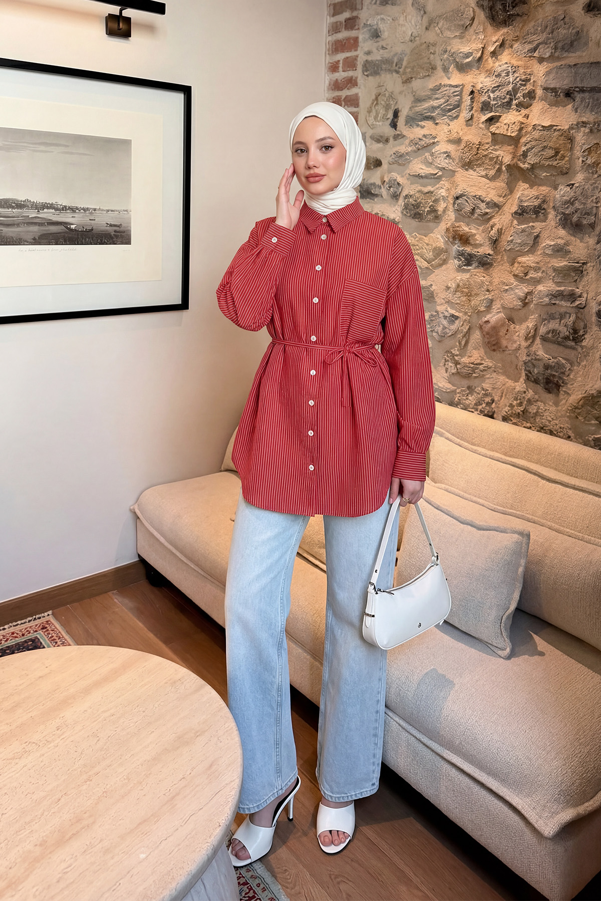 Modal Kumaş Çizgili Gömlek Y0139 - NAR ÇİÇEĞİ |  