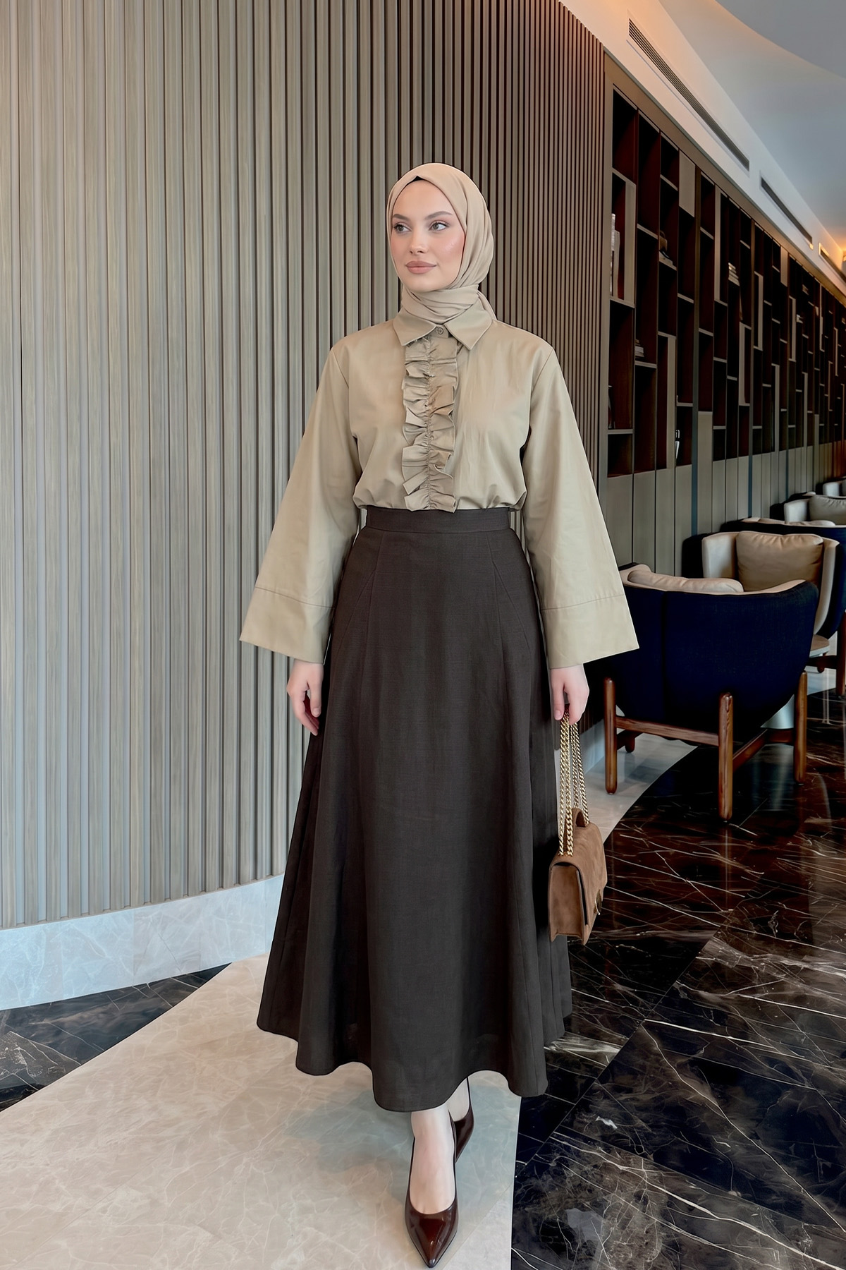 Parçalı Kloş Etek Y0131 - ACI KAHVE |  