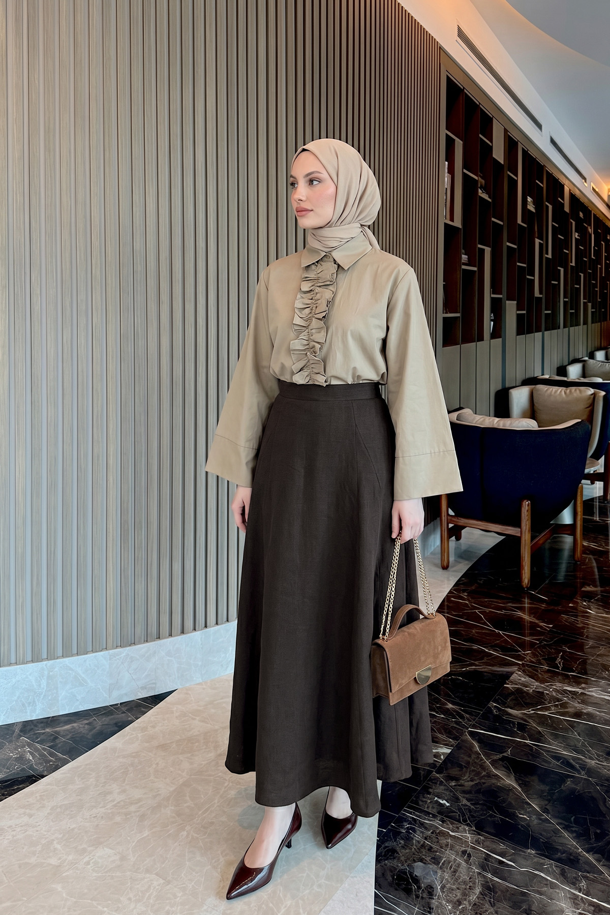 Parçalı Kloş Etek Y0131 - ACI KAHVE |  