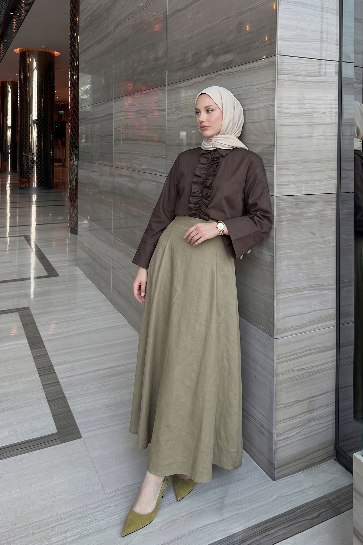 Parçalı Kloş Etek Y0131 - AÇIK HAKİ |  