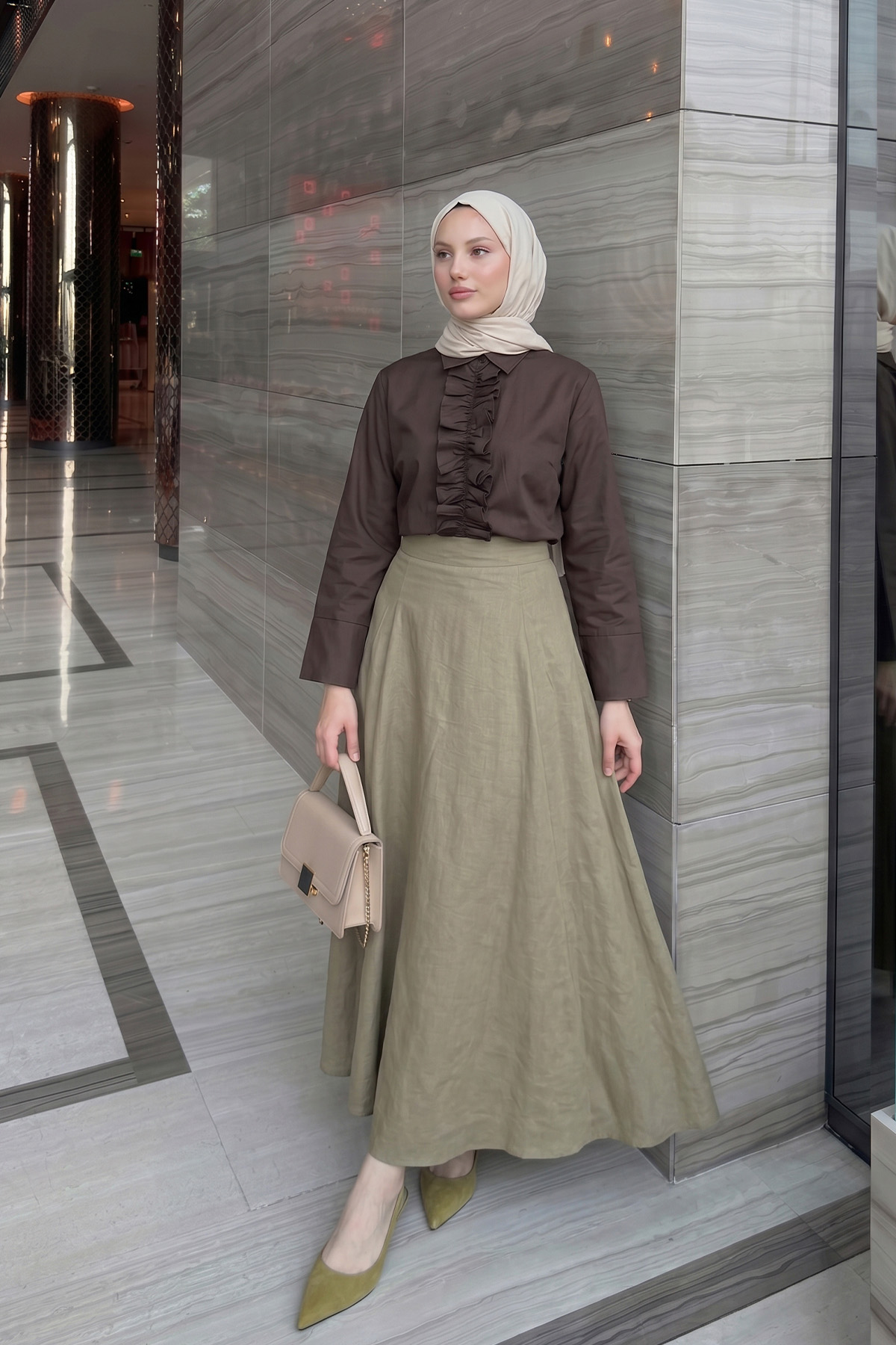 Parçalı Kloş Etek Y0131 - AÇIK HAKİ |  