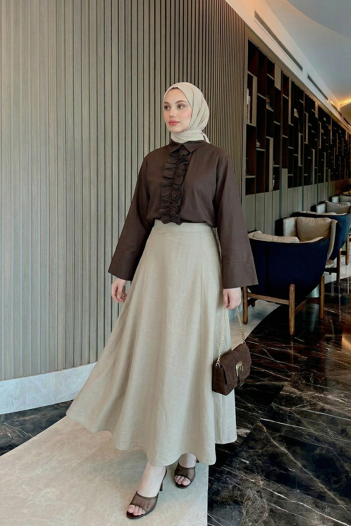 Parçalı Kloş Etek Y0131 - TAŞ RENGİ |  