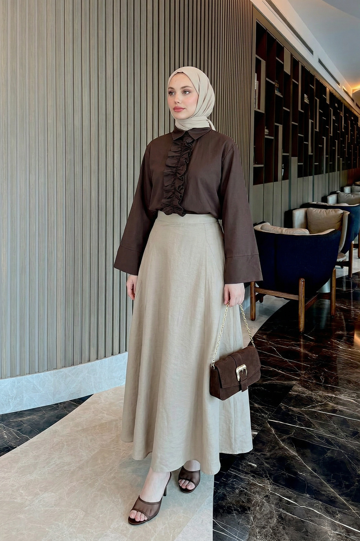 Parçalı Kloş Etek Y0131 - TAŞ RENGİ |  