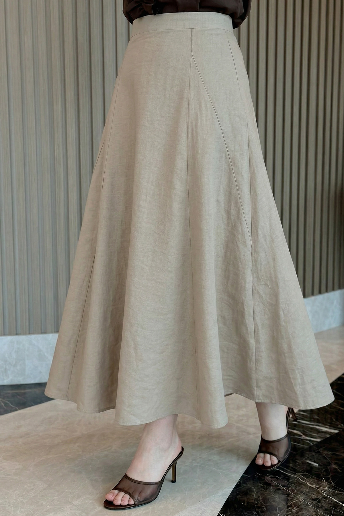 Parçalı Kloş Etek Y0131 - TAŞ RENGİ |  