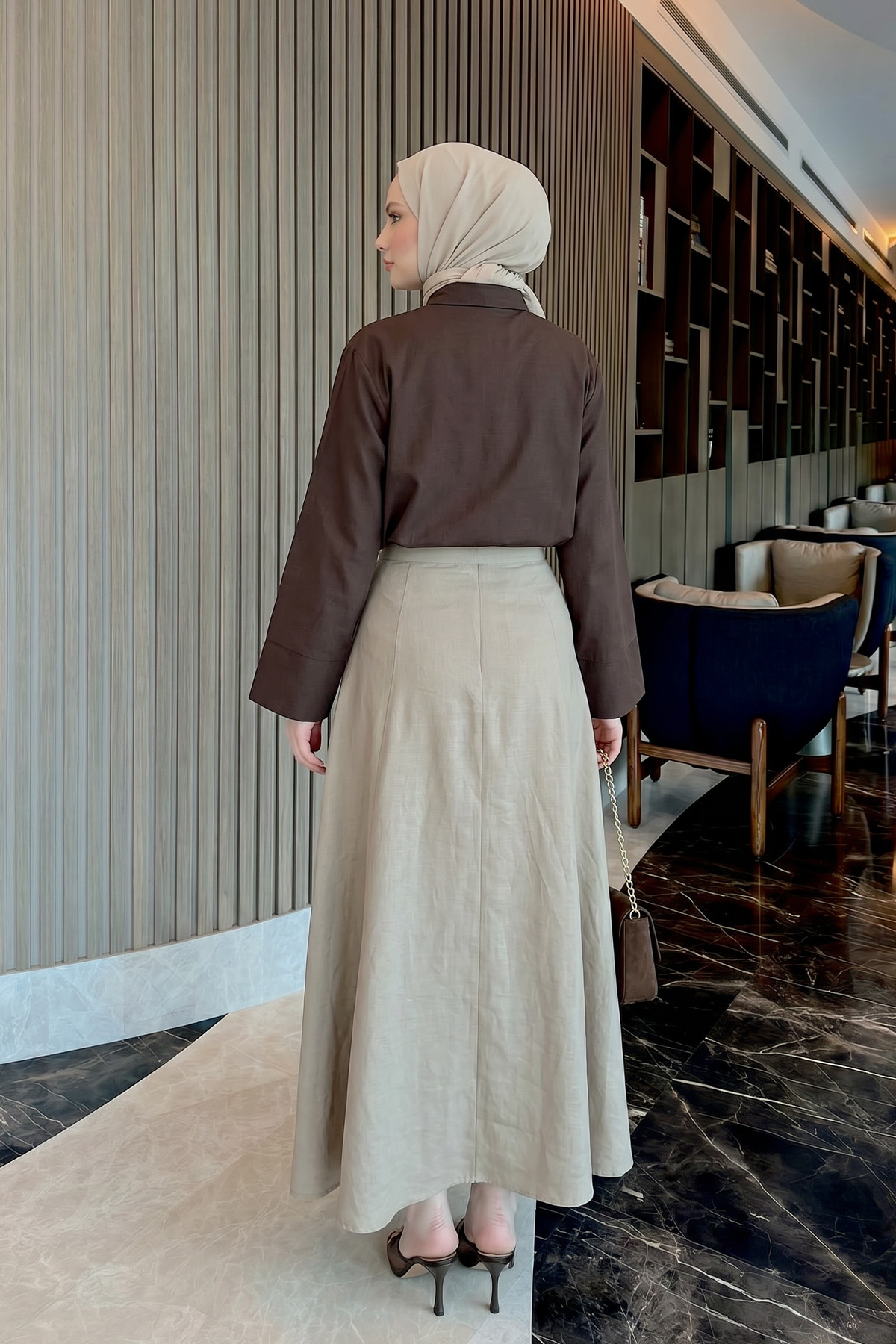 Parçalı Kloş Etek Y0131 - TAŞ RENGİ |  