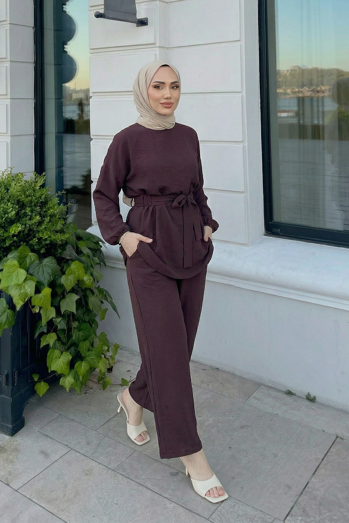 Bel Lastik Detaylı İkili Takım Y0132 - KOYU MOR |  