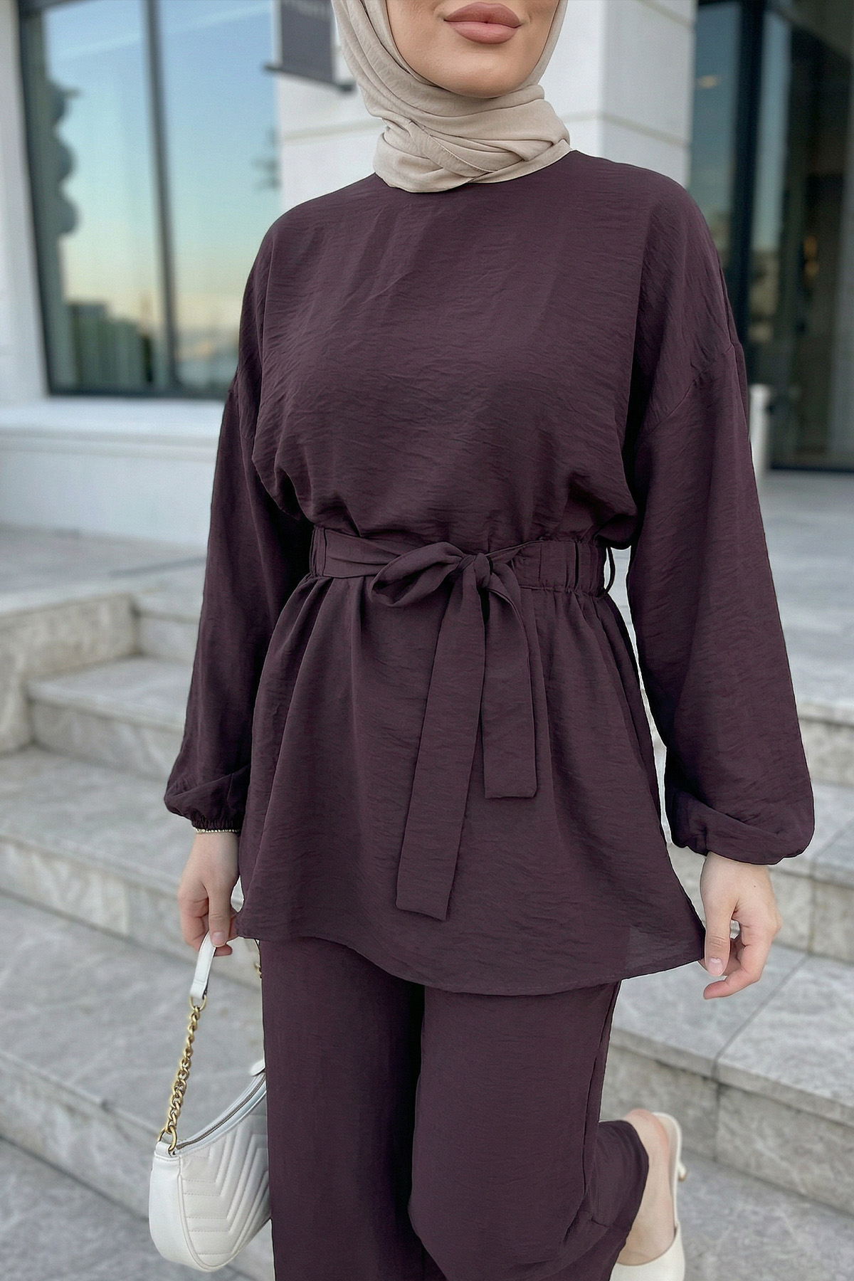 Bel Lastik Detaylı İkili Takım Y0132 - KOYU MOR |  