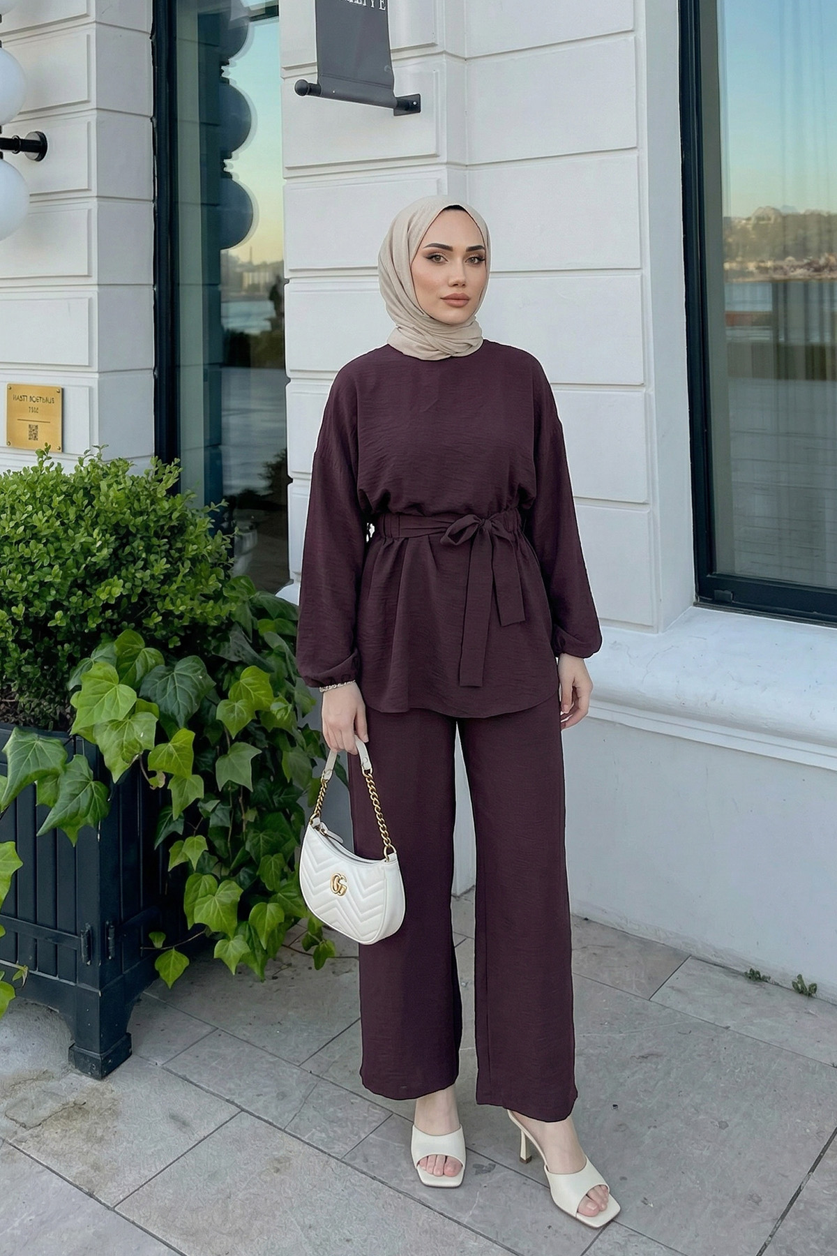 Bel Lastik Detaylı İkili Takım Y0132 - KOYU MOR |  