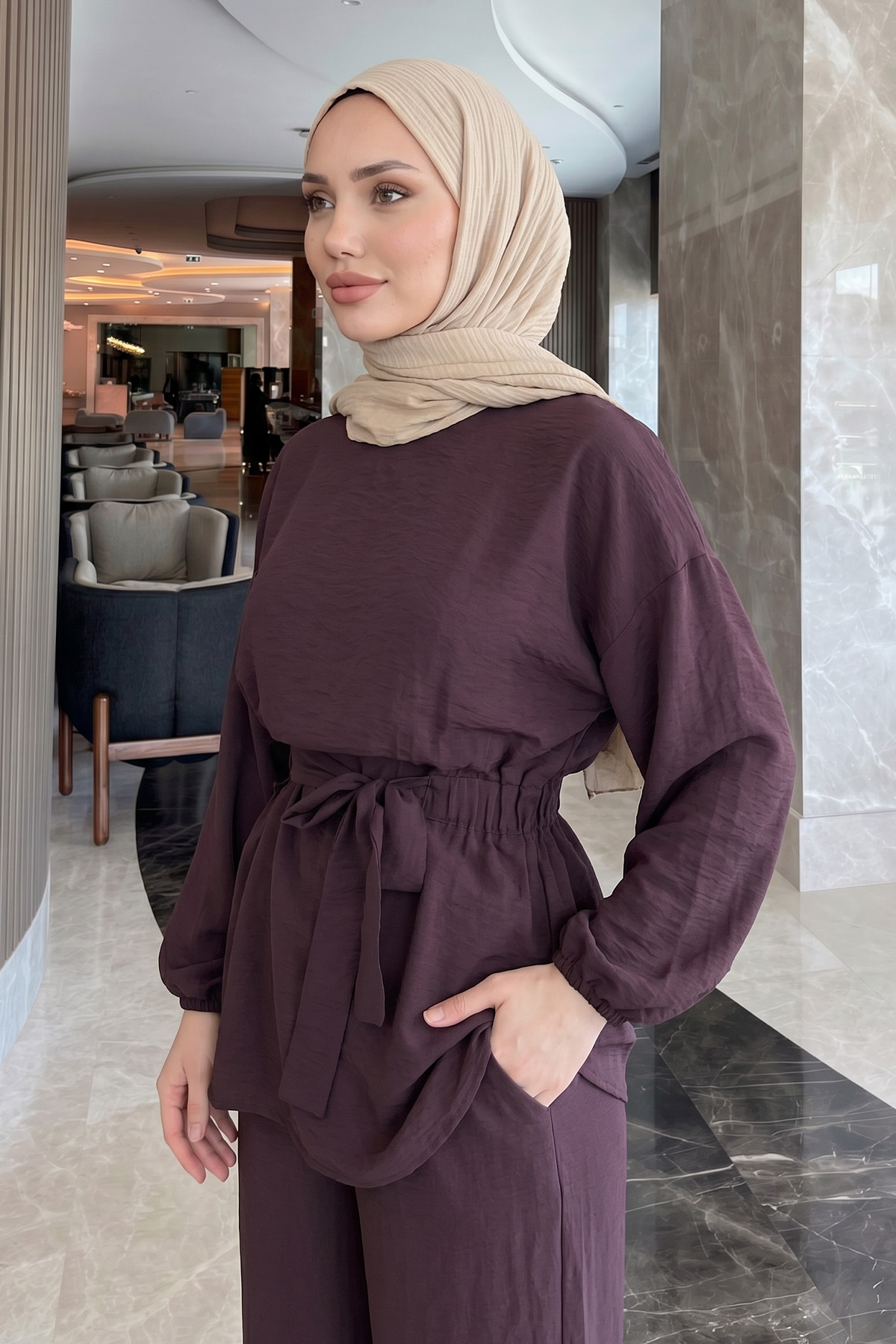 Bel Lastik Detaylı İkili Takım Y0132 - KOYU MOR |  