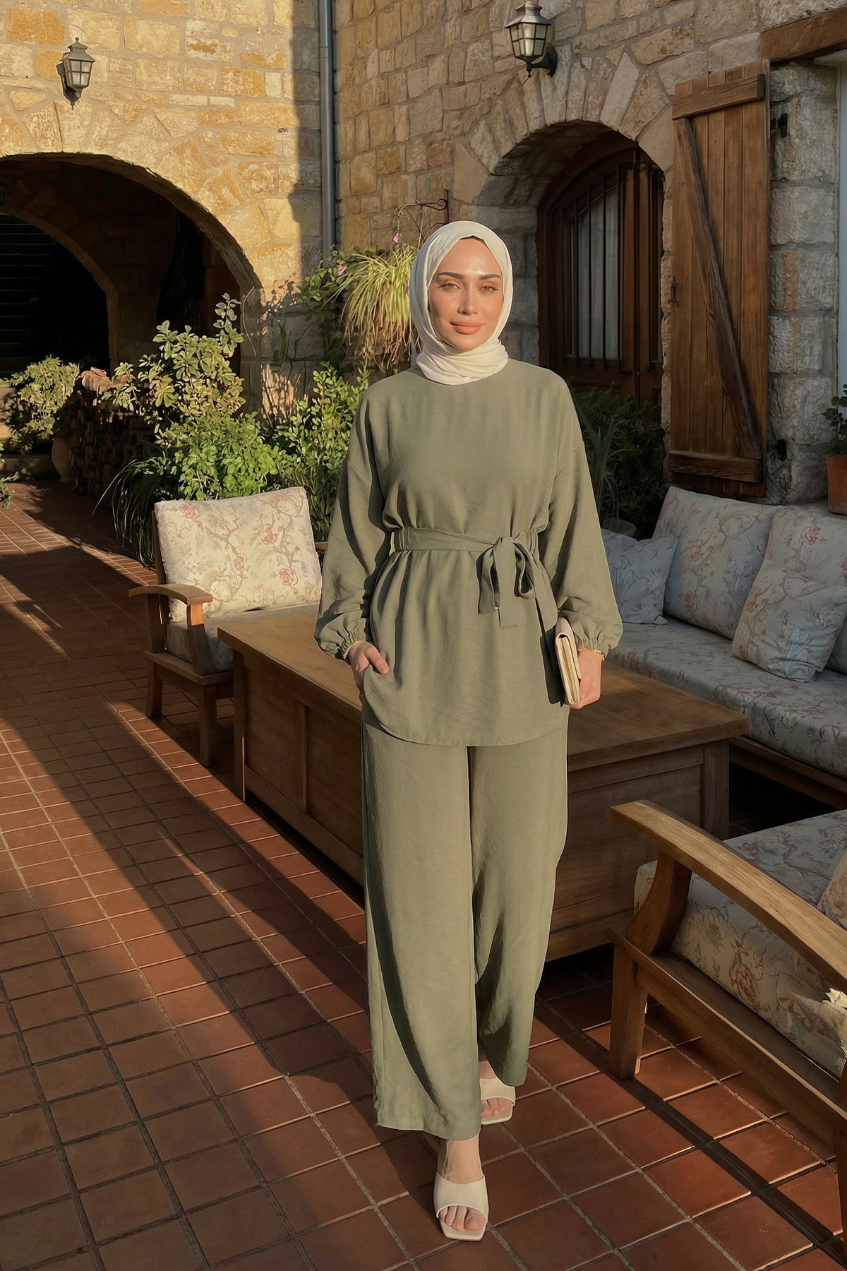 Bel Lastik Detaylı İkili Takım Y0132 - HAKİ |  