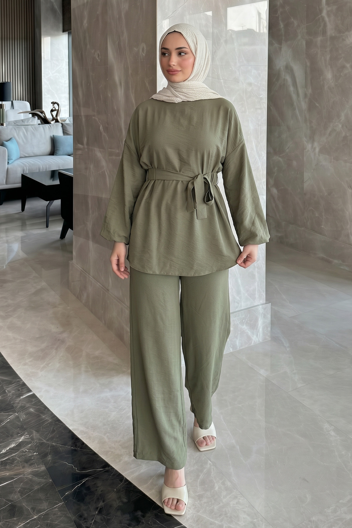 Bel Lastik Detaylı İkili Takım Y0132 - HAKİ |  