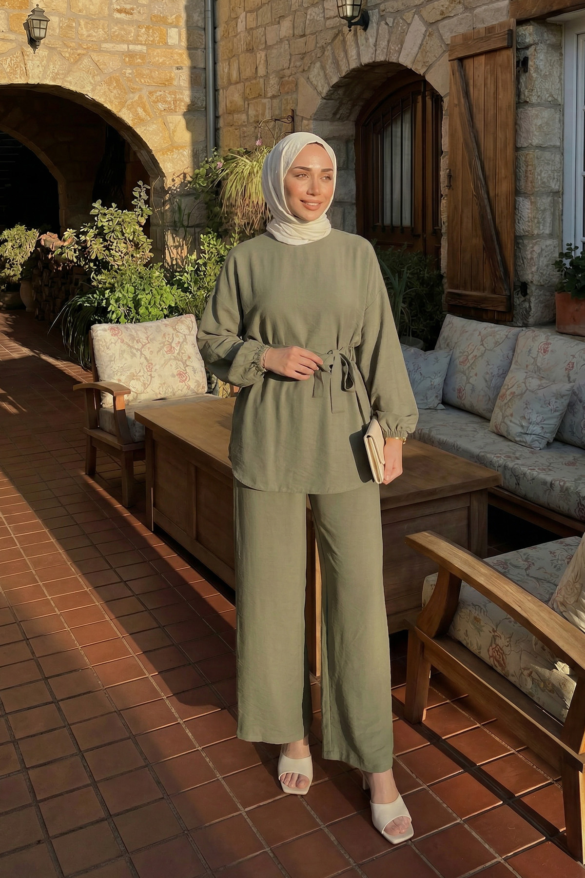 Bel Lastik Detaylı İkili Takım Y0132 - HAKİ |  