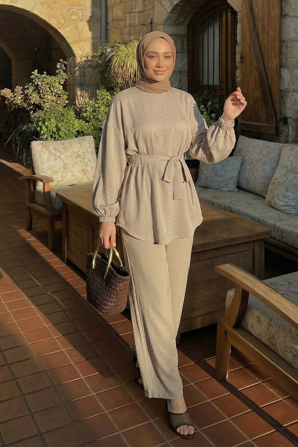 Bel Lastik Detaylı İkili Takım Y0132 - TAŞ RENGİ |  