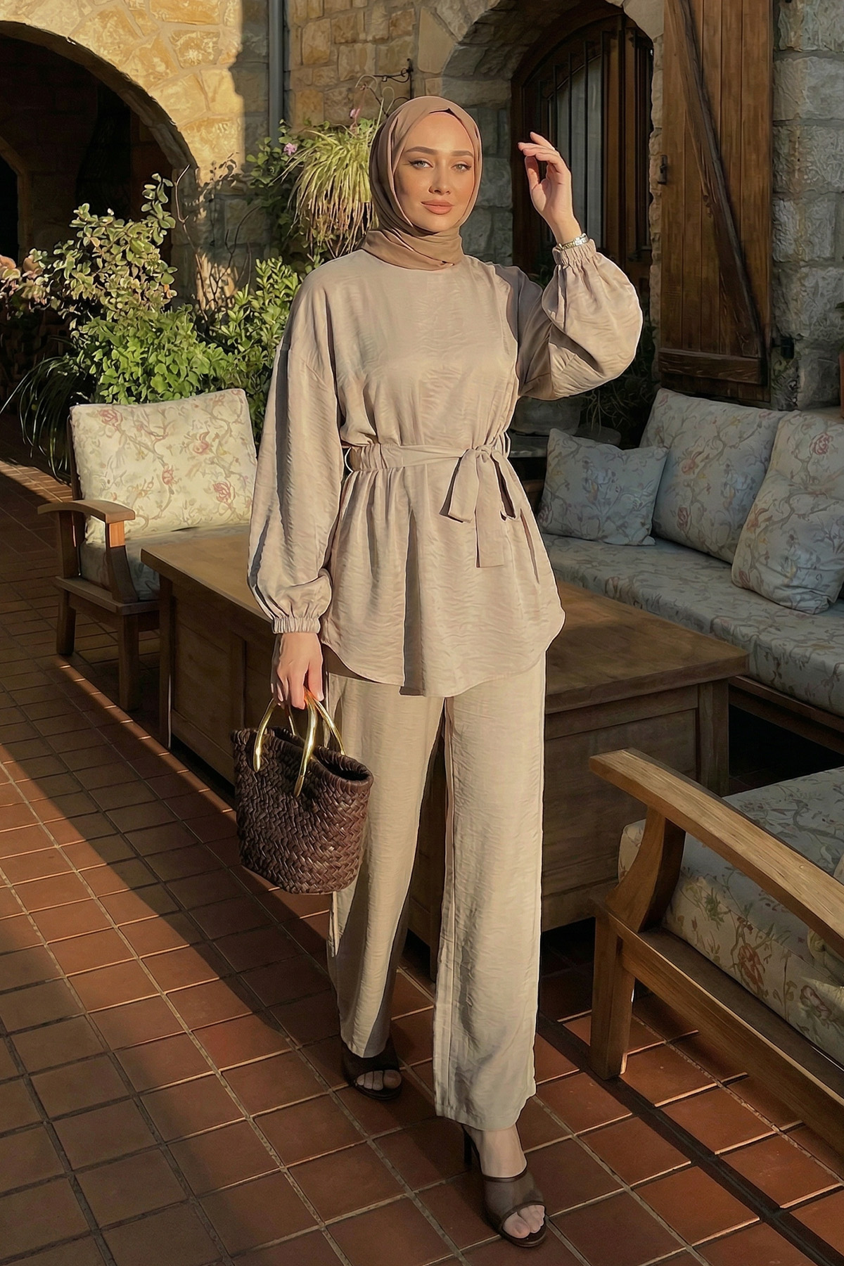 Bel Lastik Detaylı İkili Takım Y0132 - TAŞ RENGİ |  