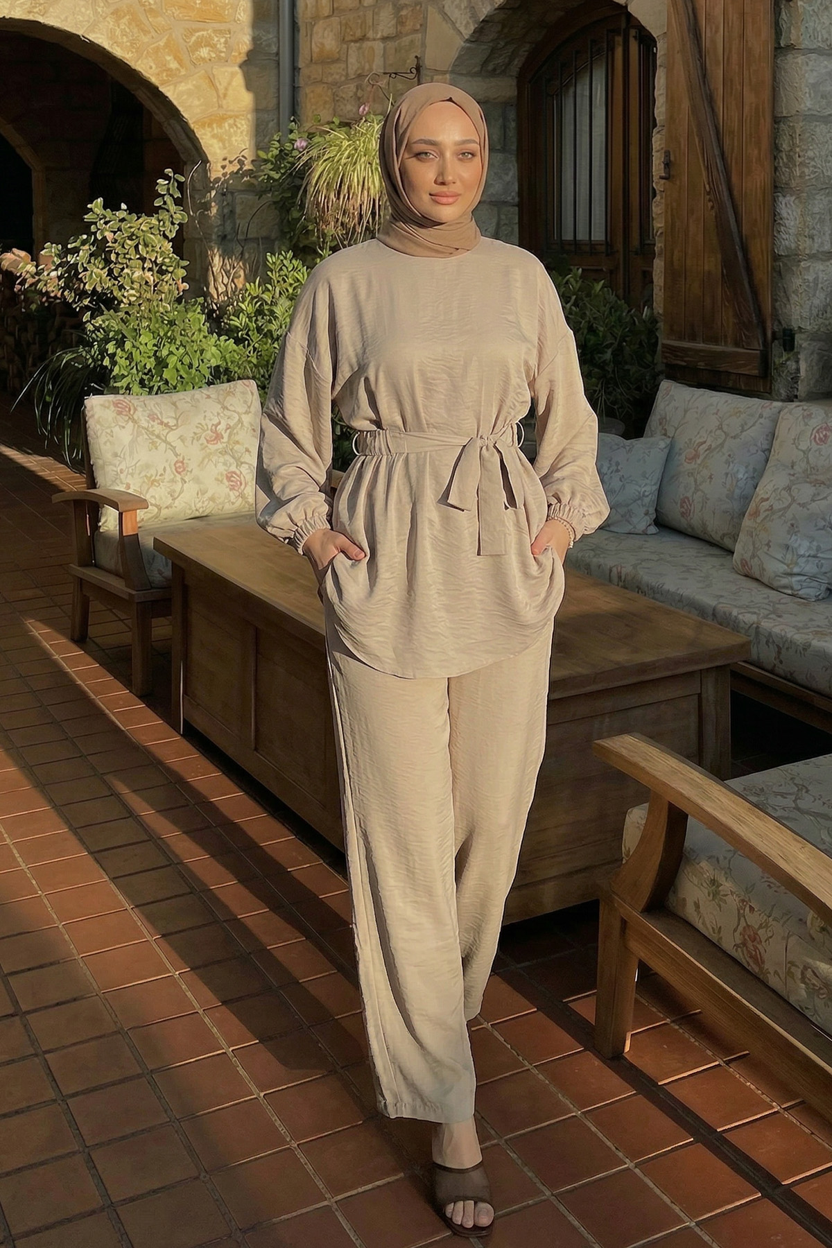 Bel Lastik Detaylı İkili Takım Y0132 - TAŞ RENGİ |  