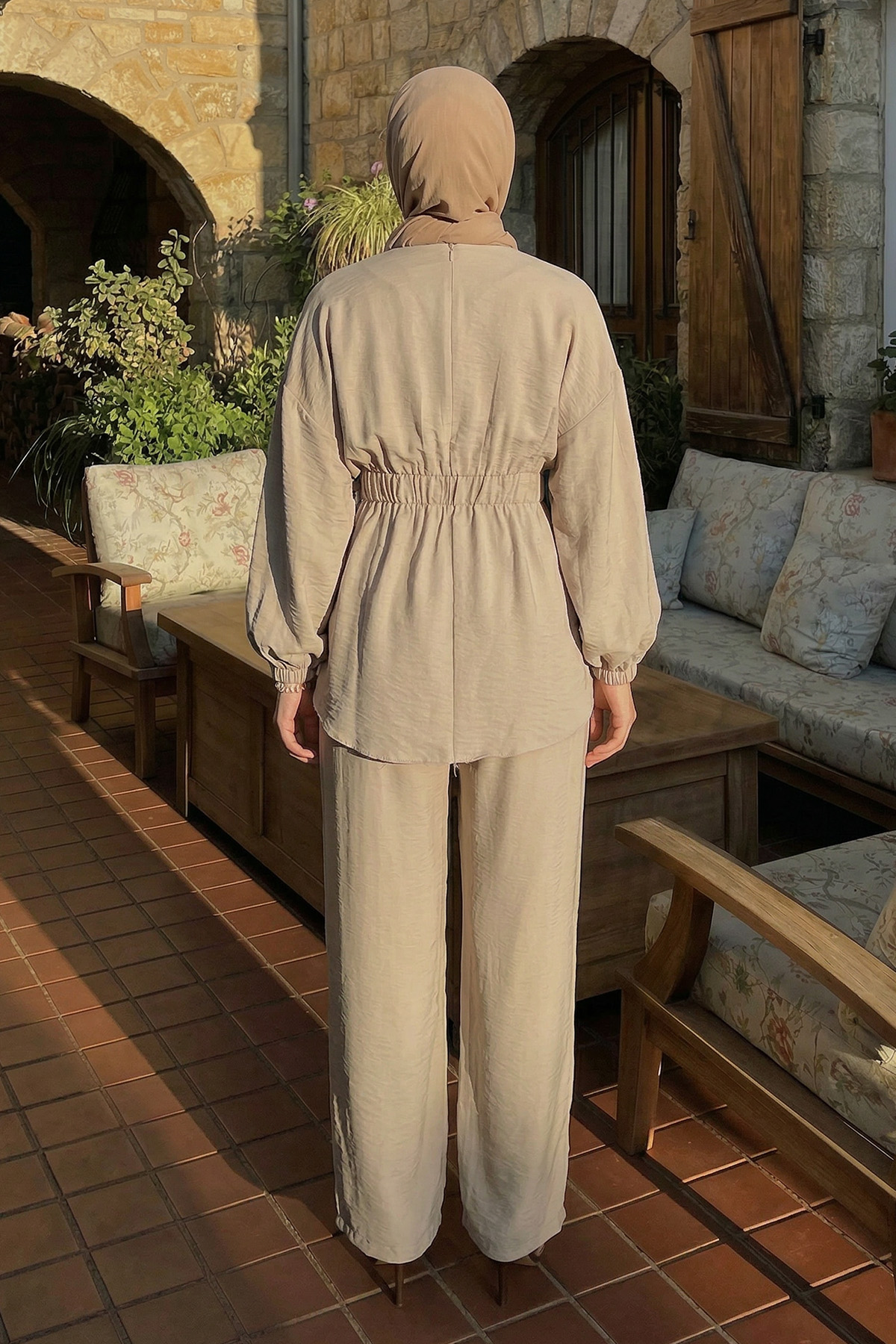 Bel Lastik Detaylı İkili Takım Y0132 - TAŞ RENGİ |  