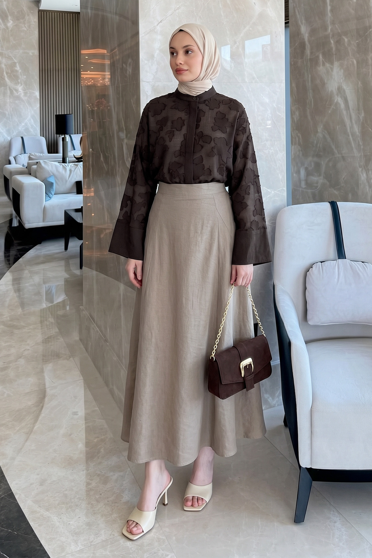 Garnili Midi Gömlek Y0138 - KOYU KAHVE |  