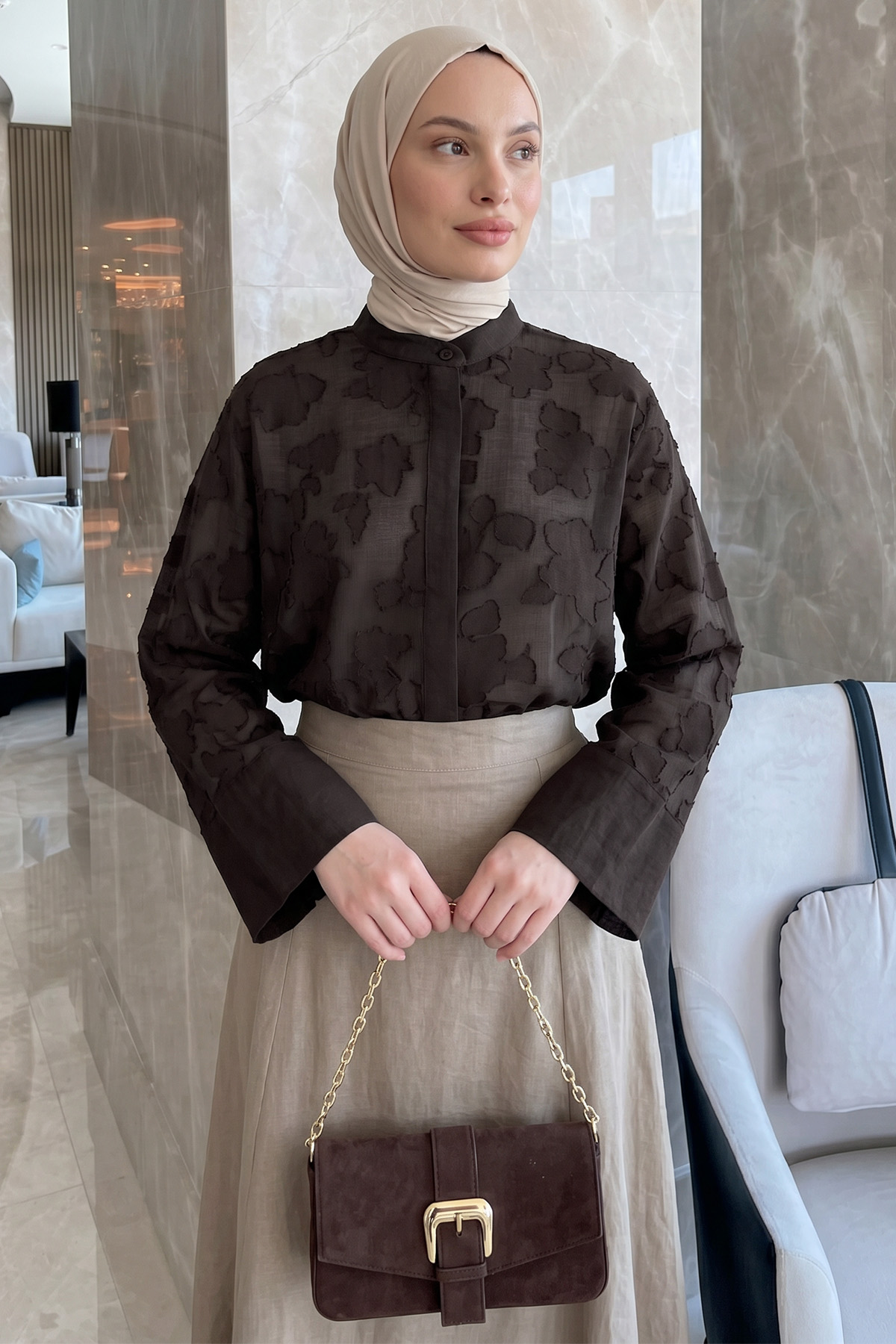 Garnili Midi Gömlek Y0138 - KOYU KAHVE |  