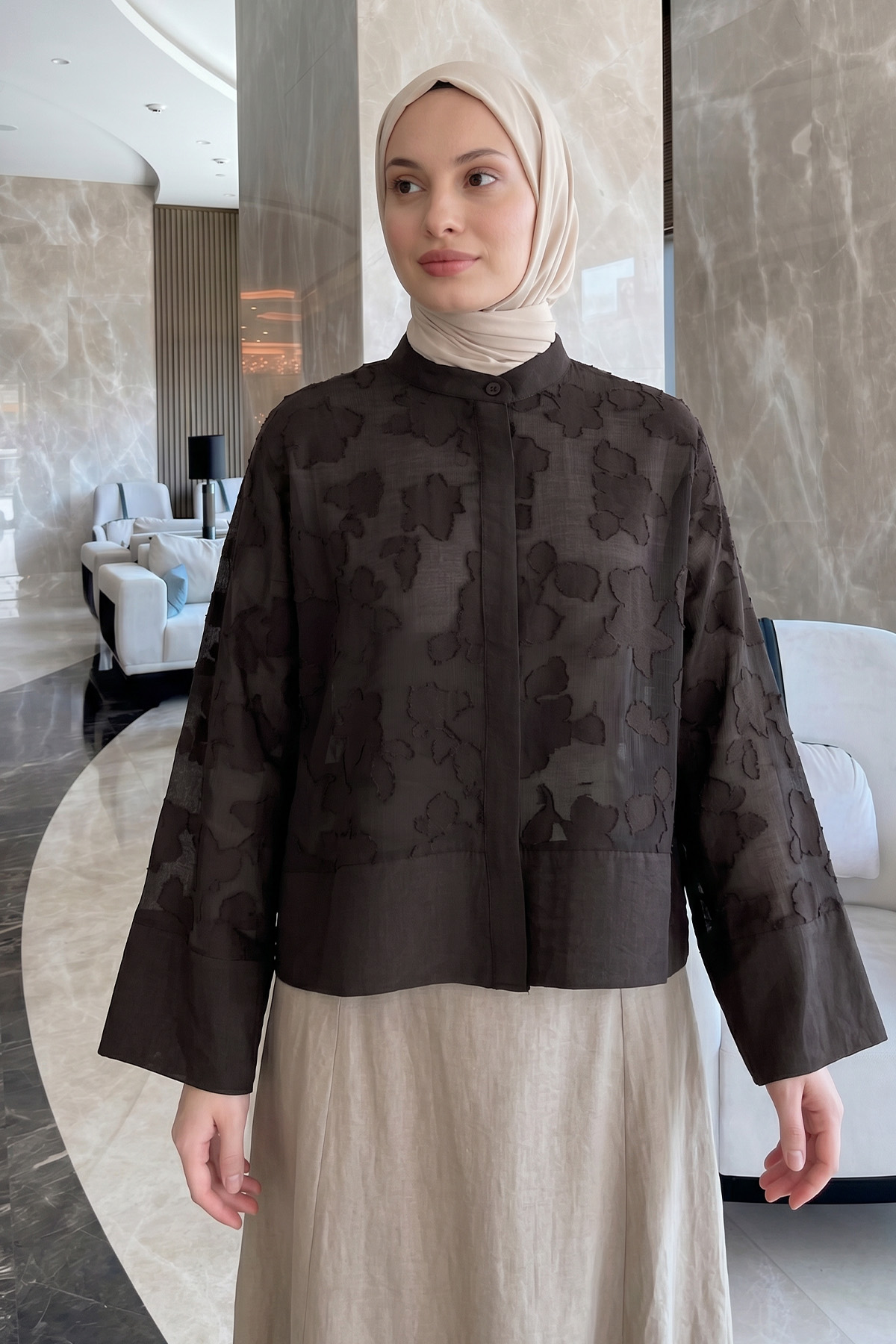 Garnili Midi Gömlek Y0138 - KOYU KAHVE |  