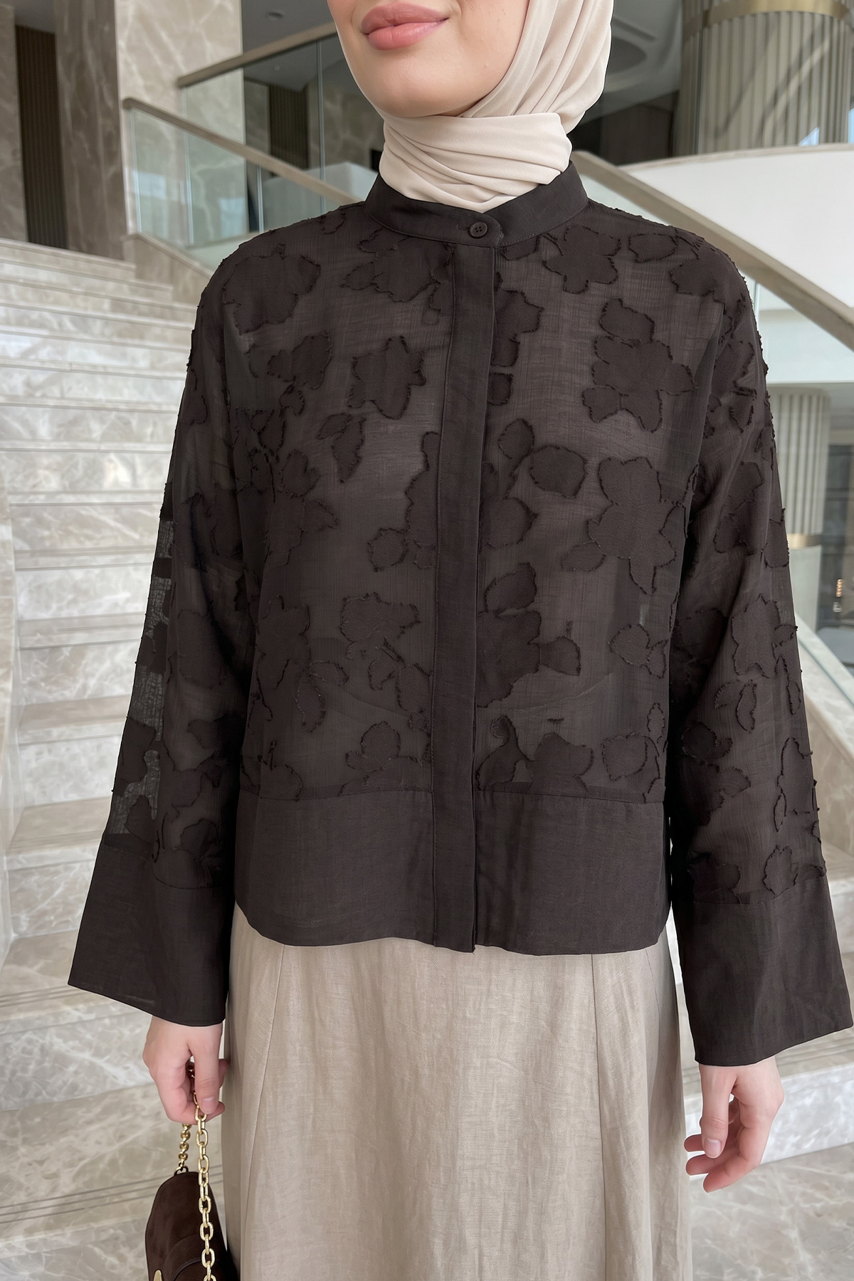 Garnili Midi Gömlek Y0138 - KOYU KAHVE |  