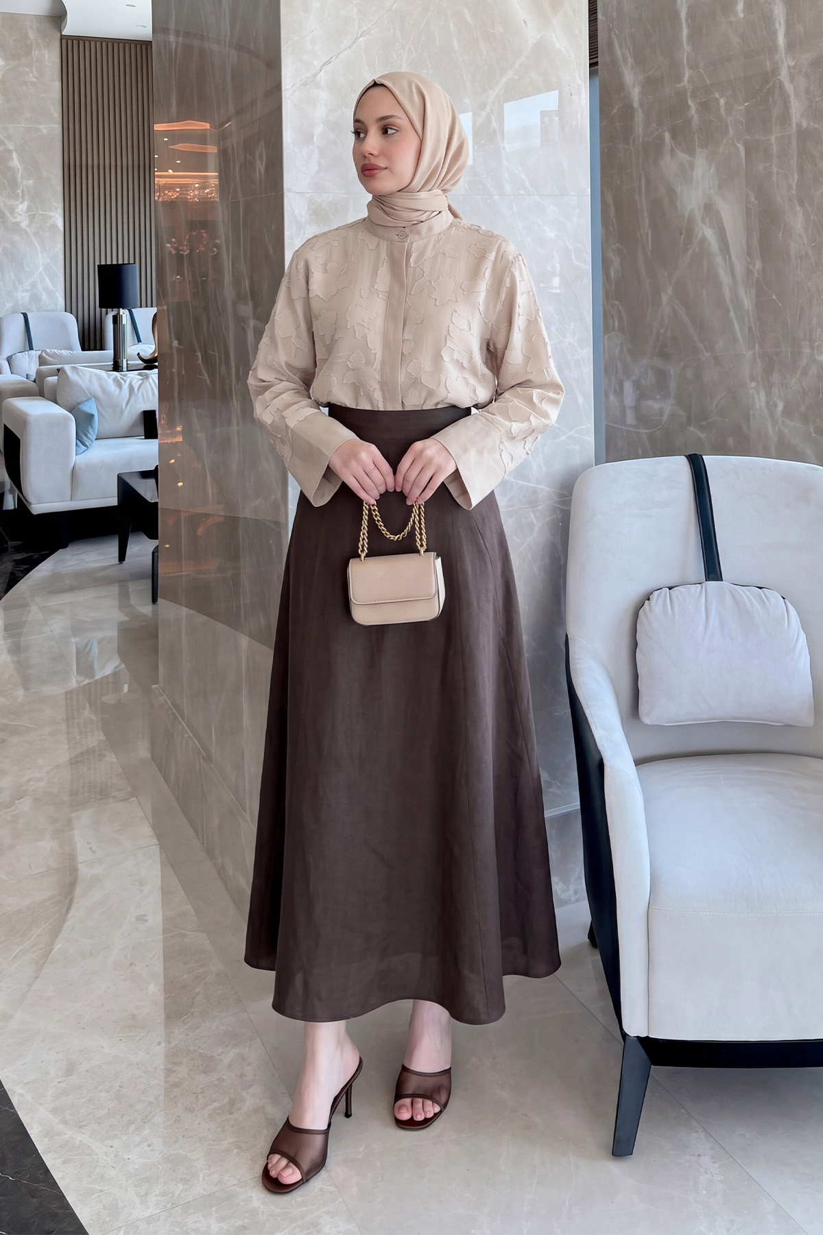 Garnili Midi Gömlek Y0138 - TAŞ RENGİ |  