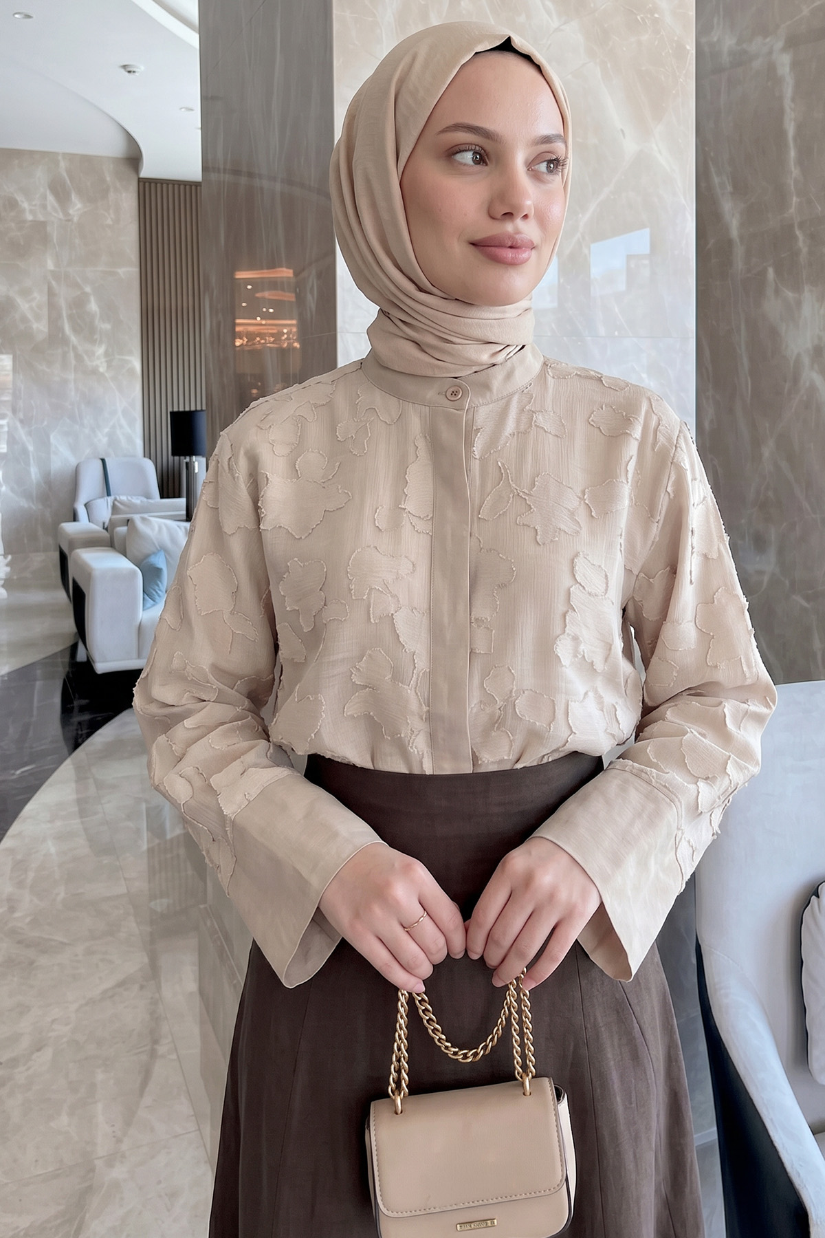 Garnili Midi Gömlek Y0138 - TAŞ RENGİ |  