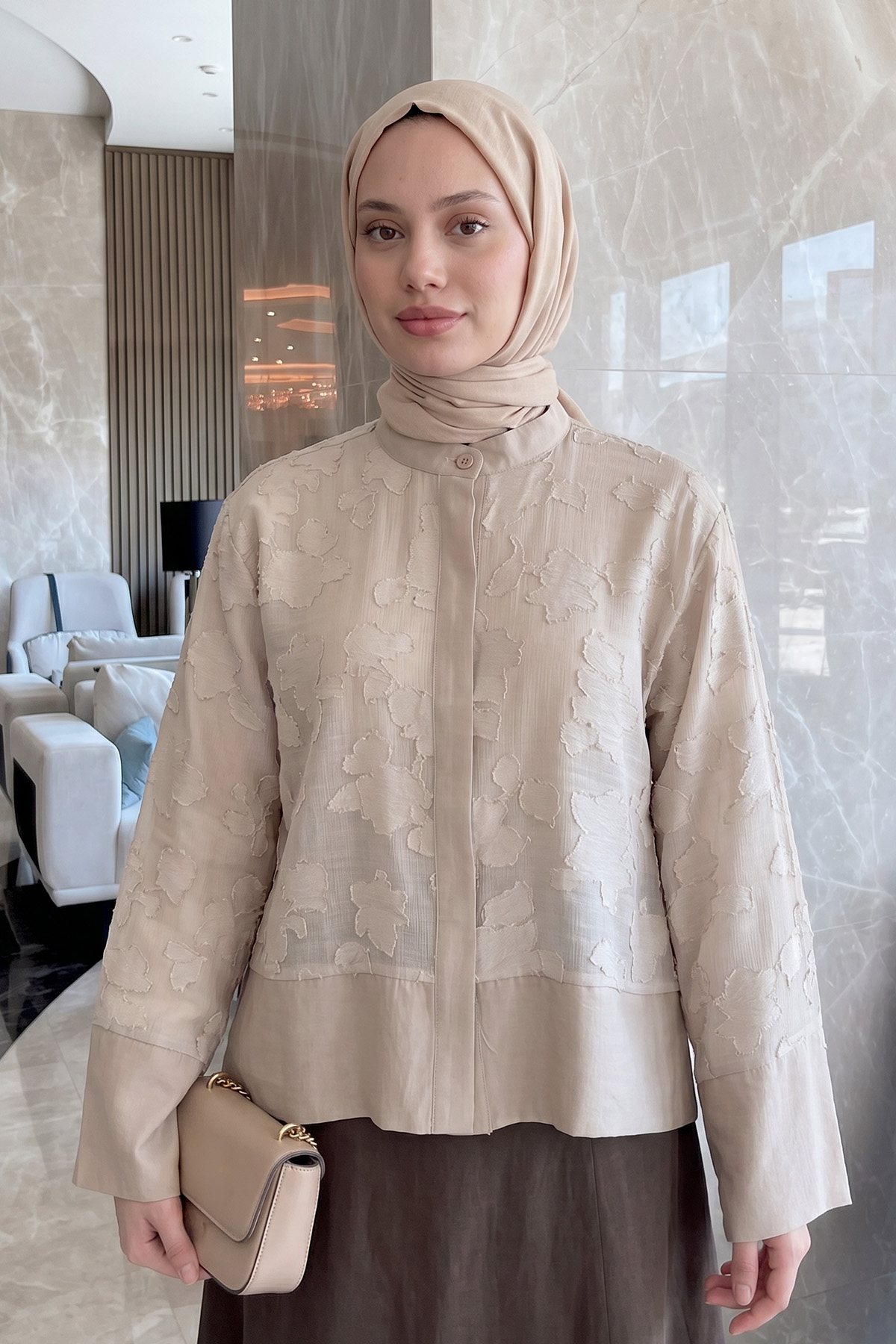 Garnili Midi Gömlek Y0138 - TAŞ RENGİ |  