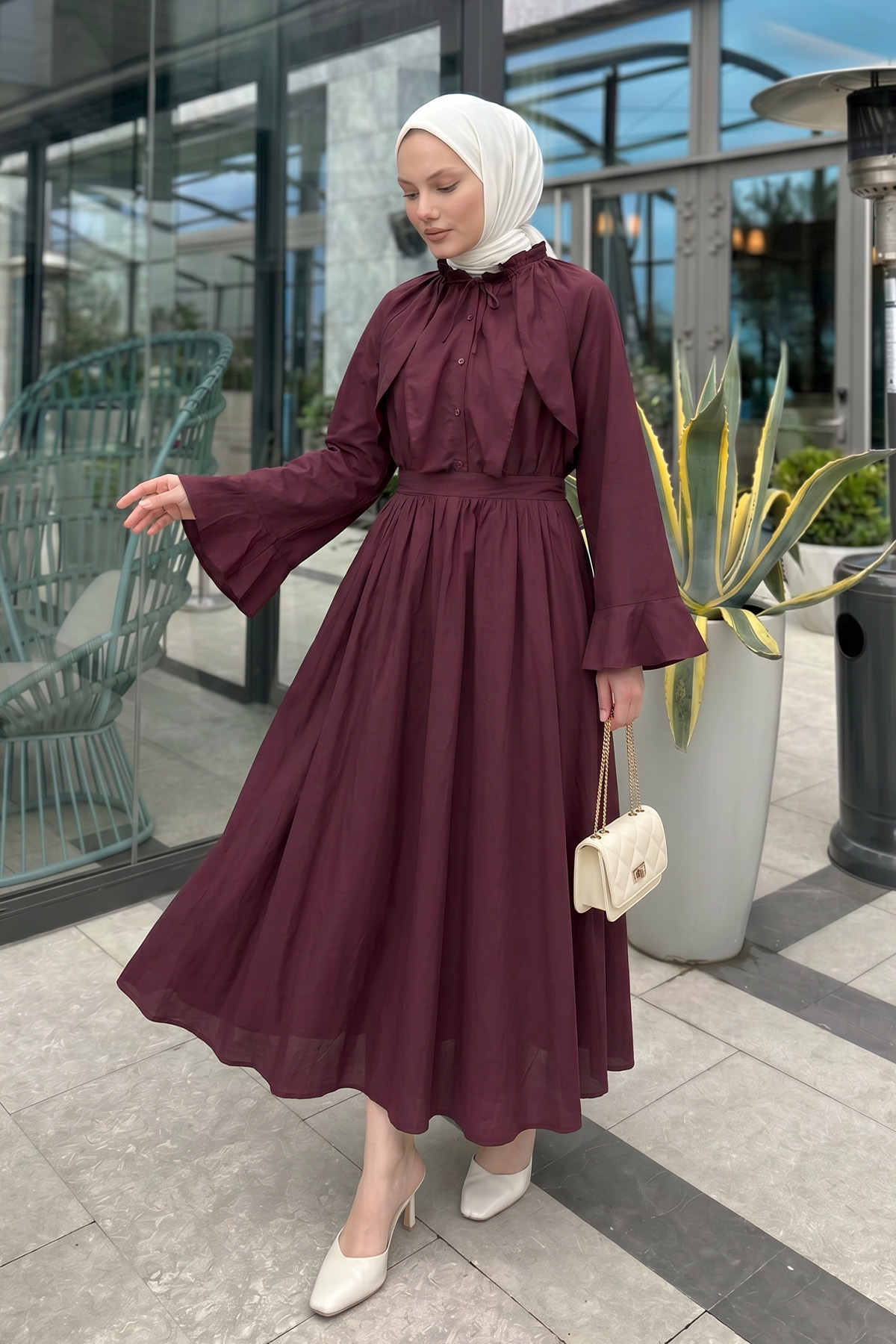 Kloş Etekli Keten Takım 9357335 - BORDO |  