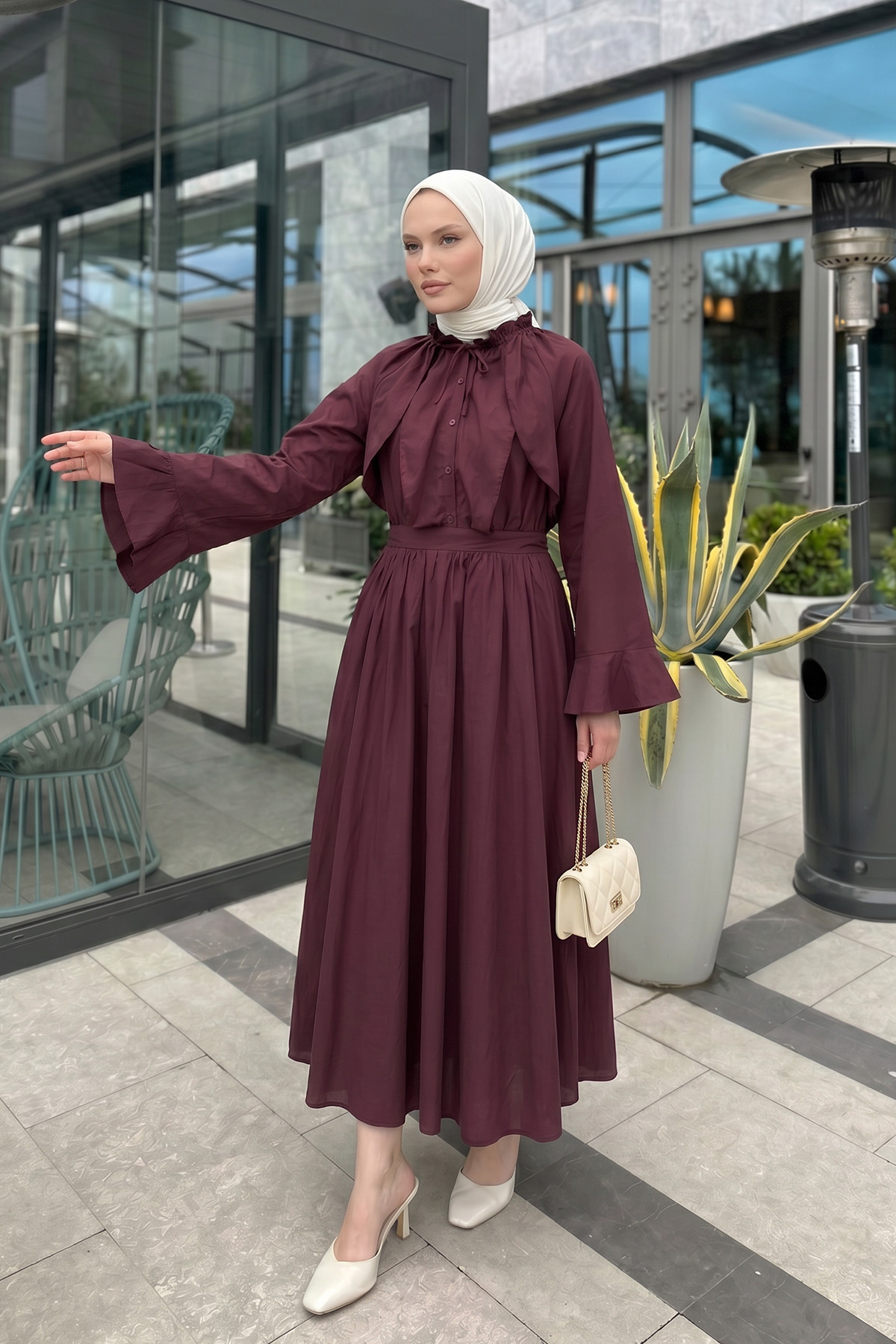 Kloş Etekli Keten Takım 9357335 - BORDO |  