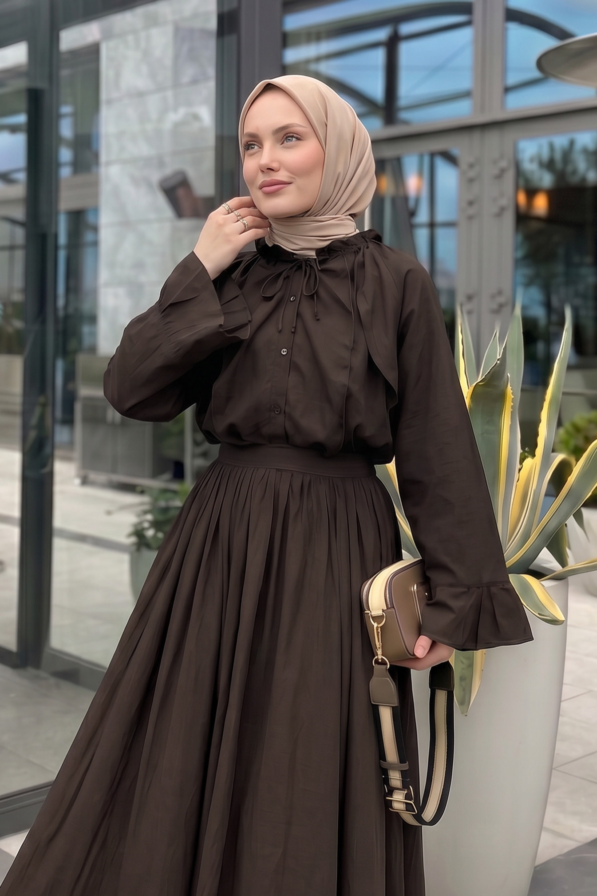 Kloş Etekli Keten Takım 9357335 - KOYU KAHVE |  