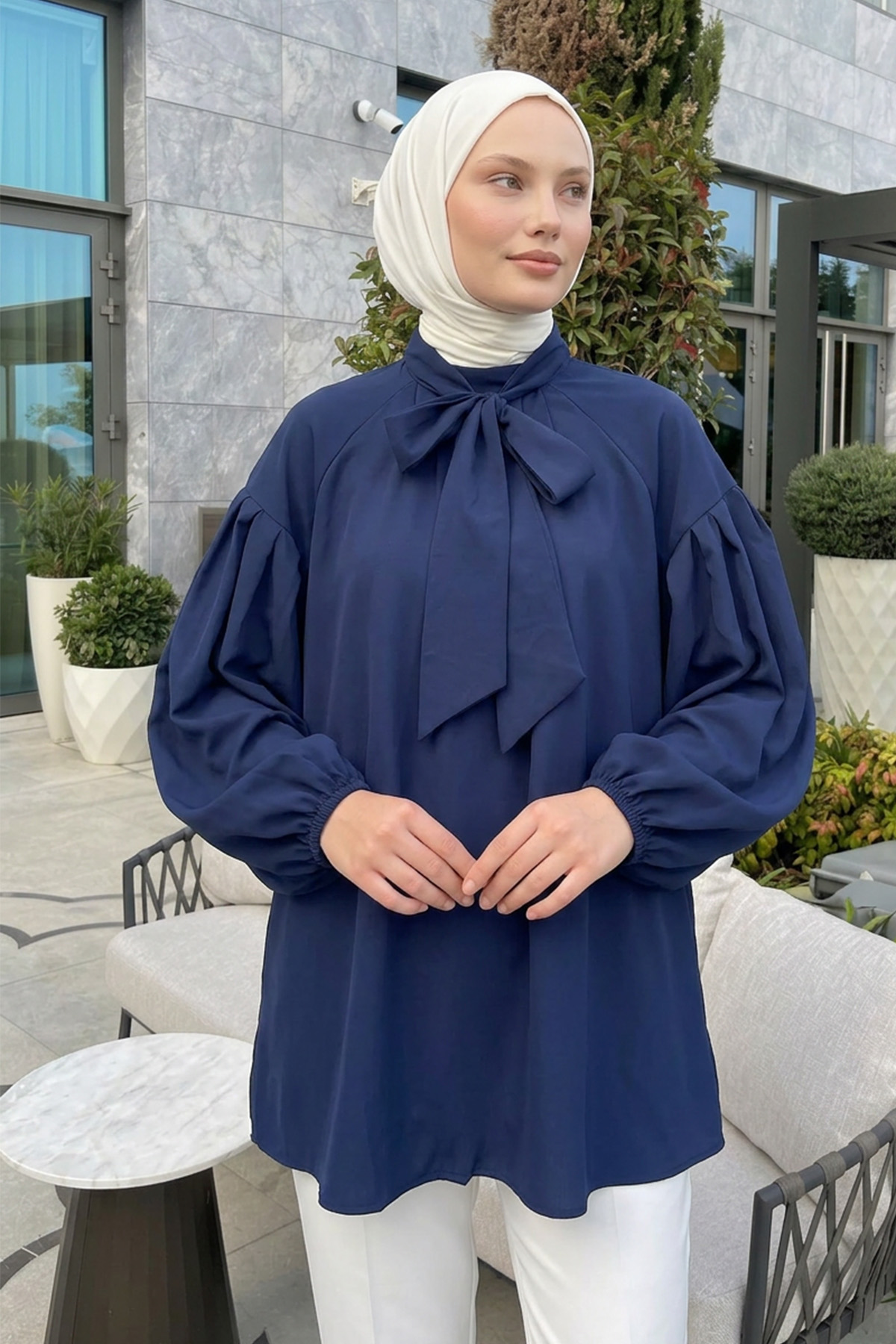 Reglan Kol Fiyonk Yakalı Tunik 3003 - LACİVERT |  