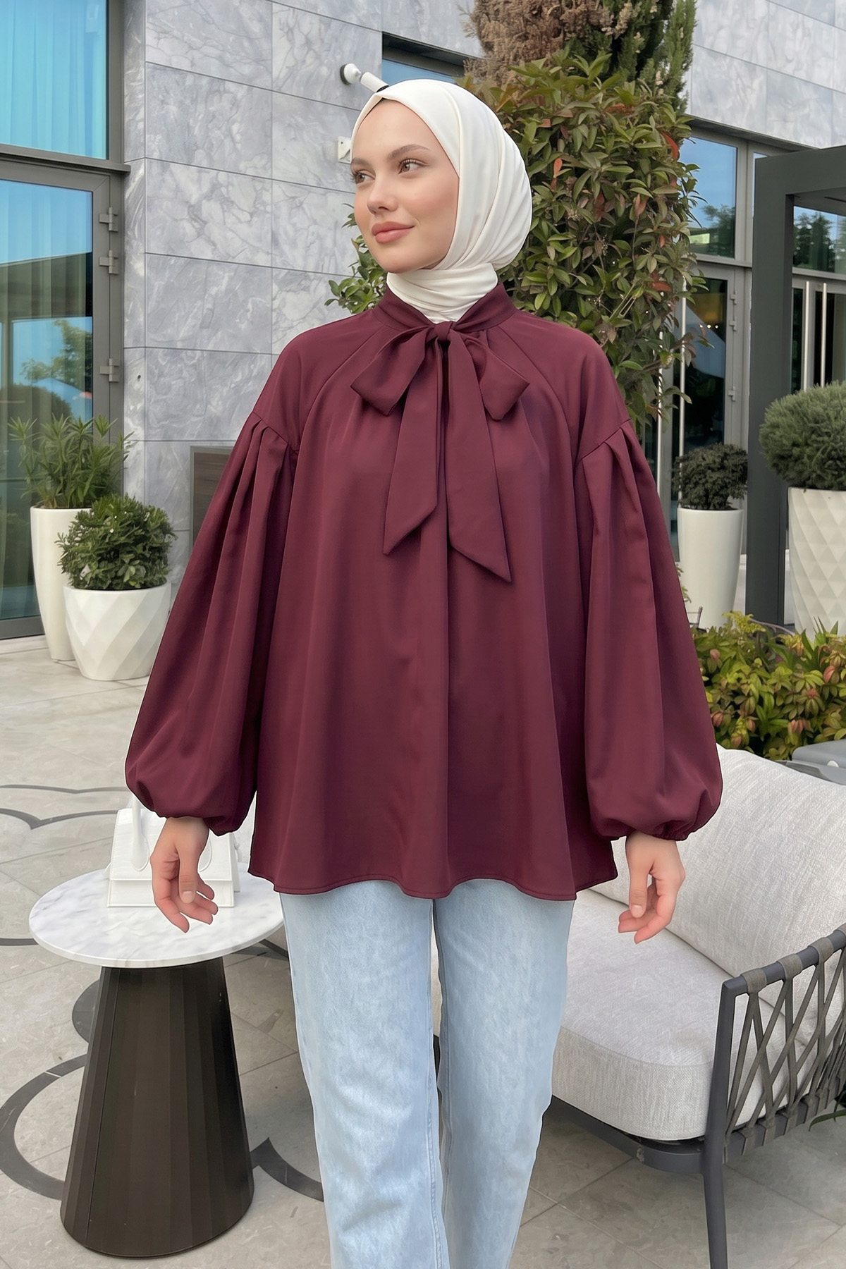 Reglan Kol Fiyonk Yakalı Tunik 3003 - BORDO |  