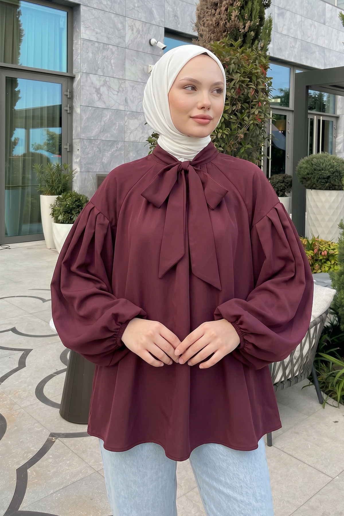 Reglan Kol Fiyonk Yakalı Tunik 3003 - BORDO |  