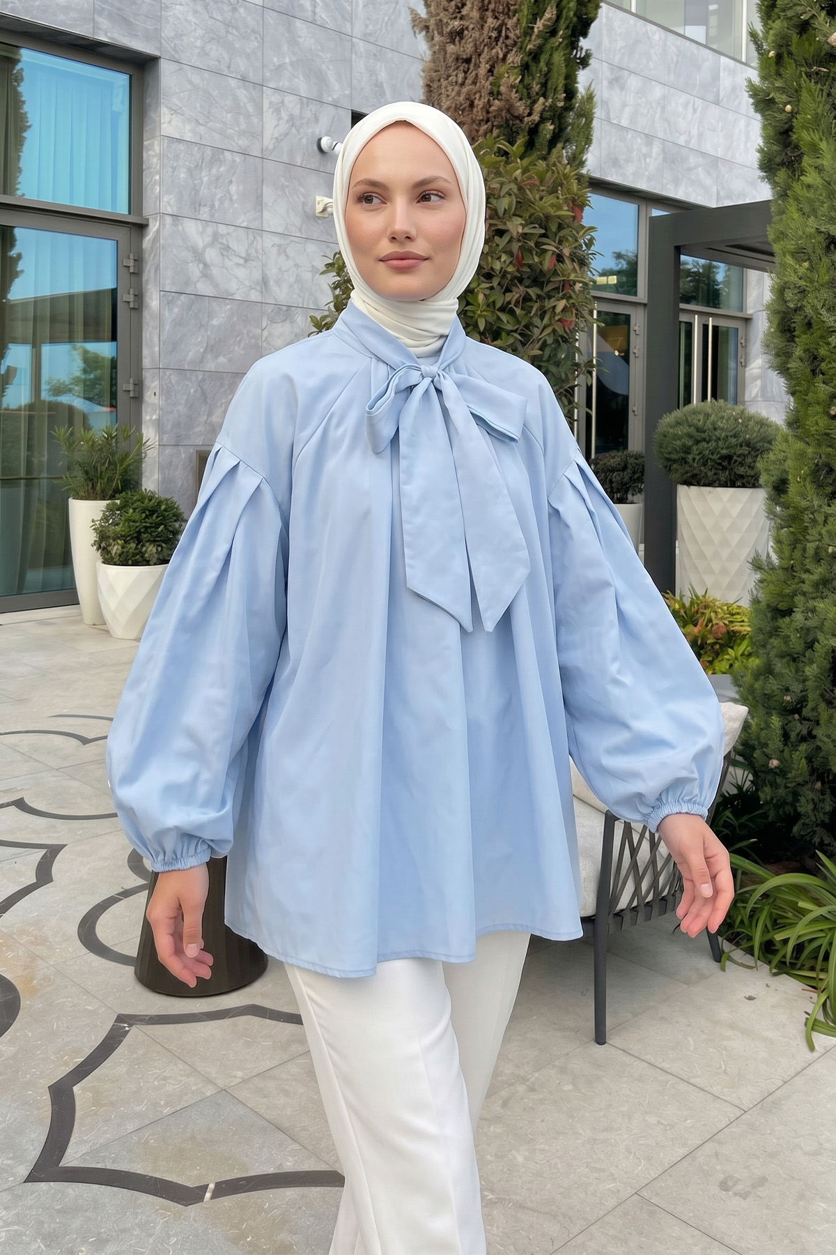Reglan Kol Fiyonk Yakalı Tunik 3003 - BEBE MAVİSİ |  