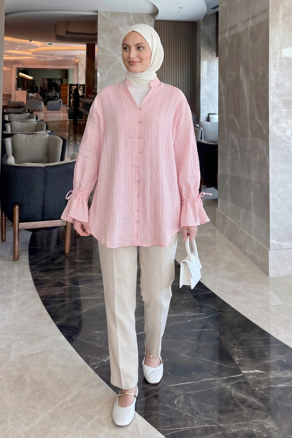 Degaje Yaka Çizgili Gömlek Y0121 - AÇIK PEMBE |  