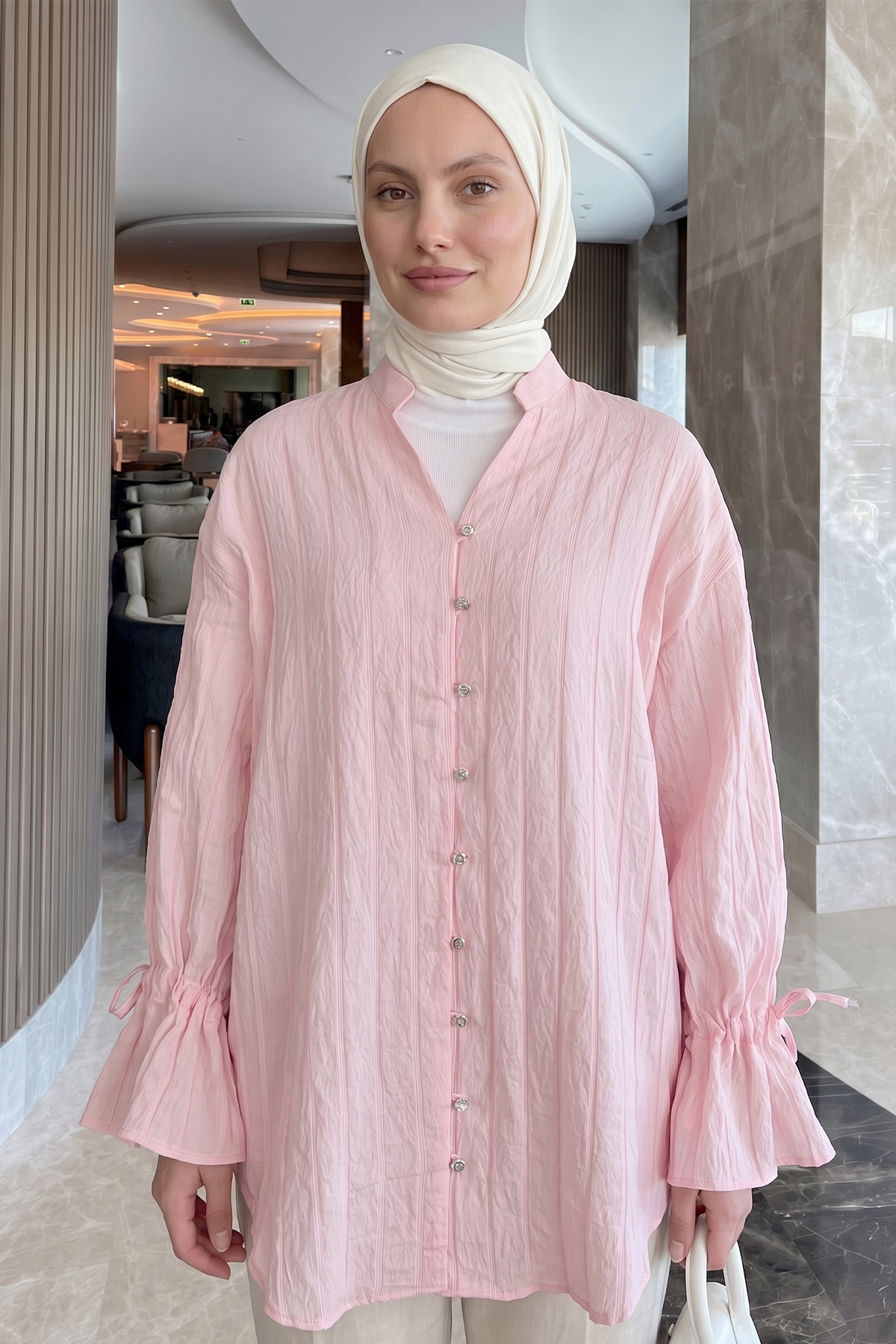 Degaje Yaka Çizgili Gömlek Y0121 - AÇIK PEMBE |  