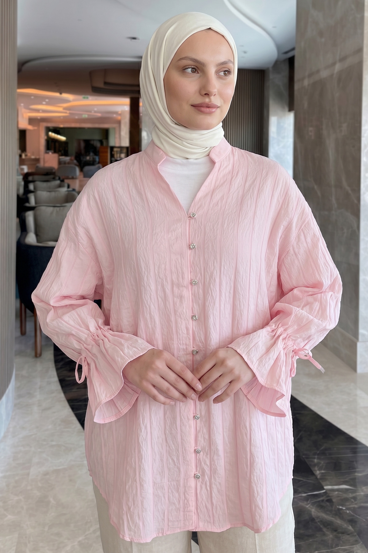 Degaje Yaka Çizgili Gömlek Y0121 - AÇIK PEMBE |  